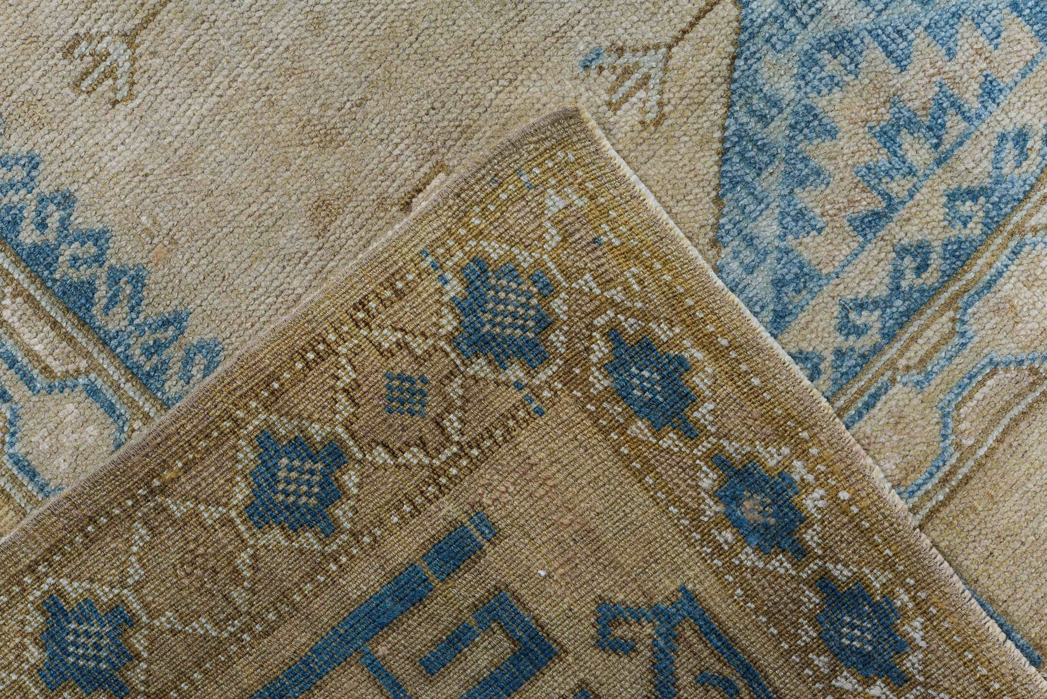 3' x 6' one-of-a-kind handmade antique Belouch small size rug. Color palette: ivory, sky blue, beige, camel, taupe