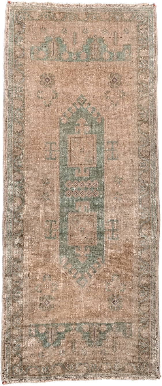 1' x 4' one-of-a-kind handmade vintage Oushak small size rug. Color palette: tan, sage, taupe, ivory, camel, beige, green