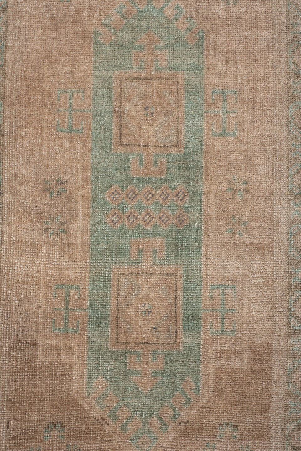 1' x 4' one-of-a-kind handmade vintage Oushak small size rug. Color palette: tan, sage, taupe, ivory, camel, beige, green
