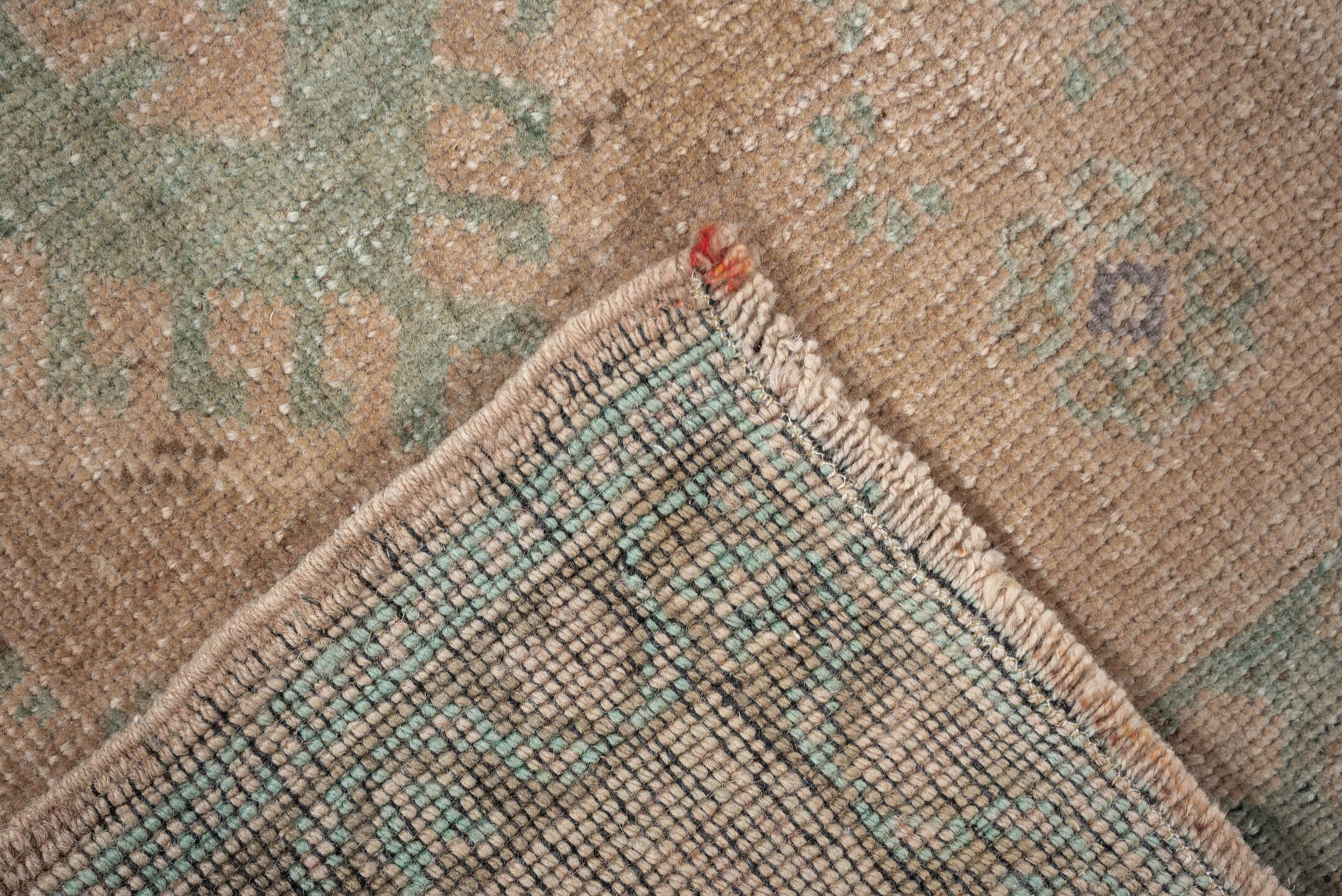 1' x 4' one-of-a-kind handmade vintage Oushak small size rug. Color palette: tan, sage, taupe, ivory, camel, beige, green