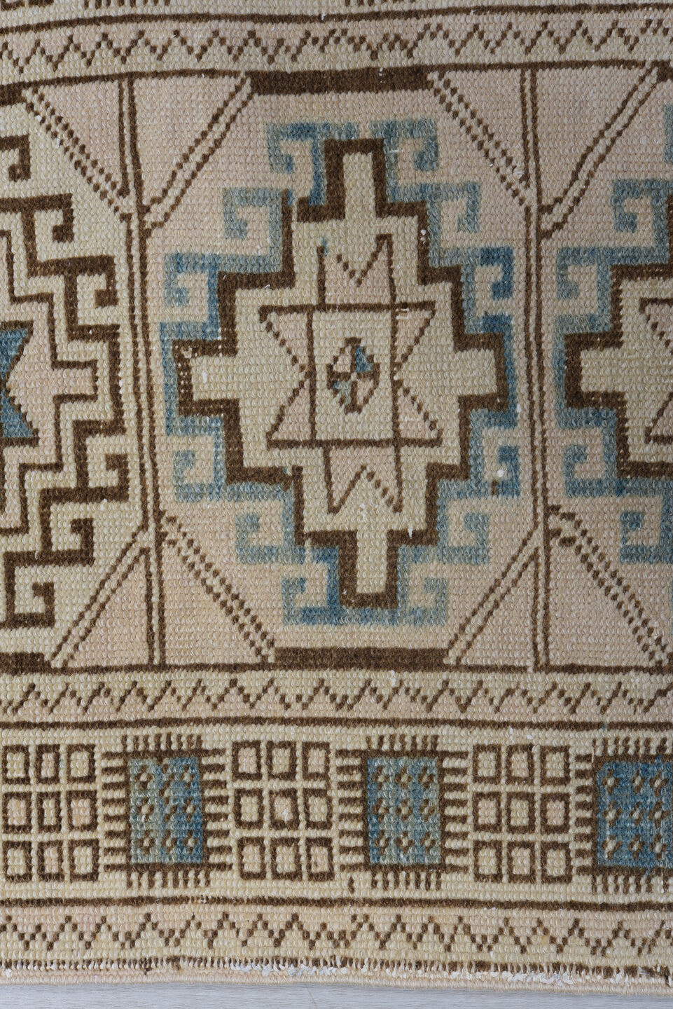 2' x 10' one-of-a-kind handmade antique Meshkin runner rug. Color palette: ivory, camel, sky blue, taupe, brown, beige