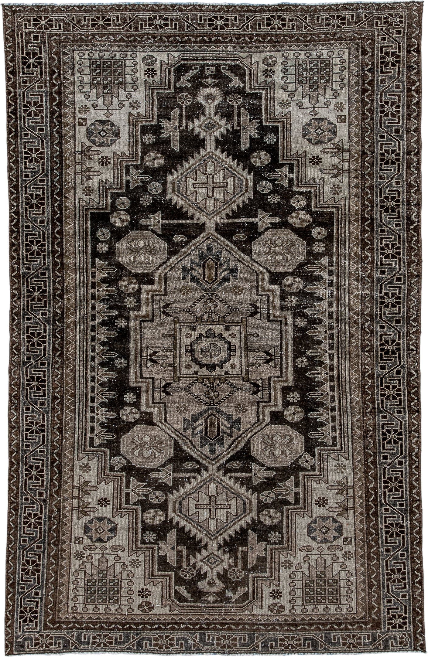 4' x 6' one-of-a-kind handmade antique Malayer small size rug. Color palette: brown, ivory, taupe, charcoal, camel, beige