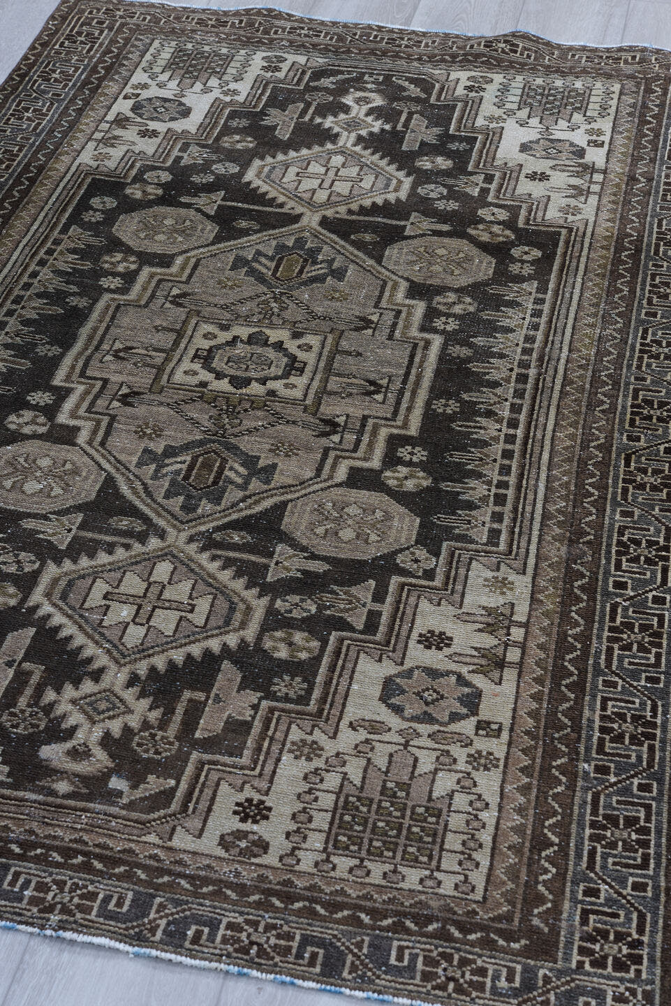 4' x 6' one-of-a-kind handmade antique Malayer small size rug. Color palette: brown, ivory, taupe, charcoal, camel, beige