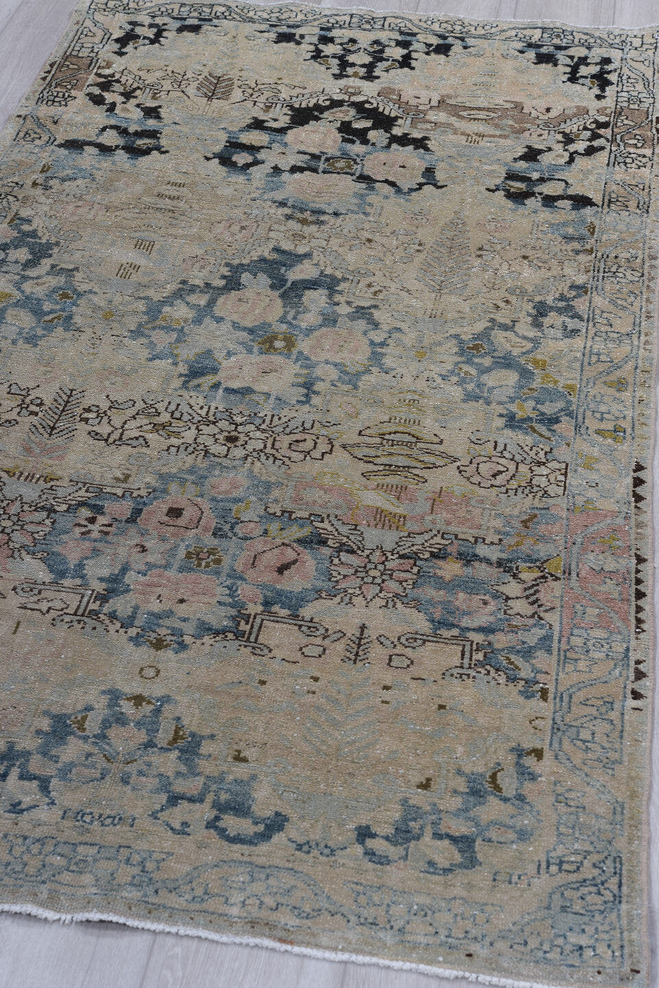 3' x 6' one-of-a-kind handmade antique Malayer small size rug. Color palette: ivory, powder_blue, taupe, blush, charcoal