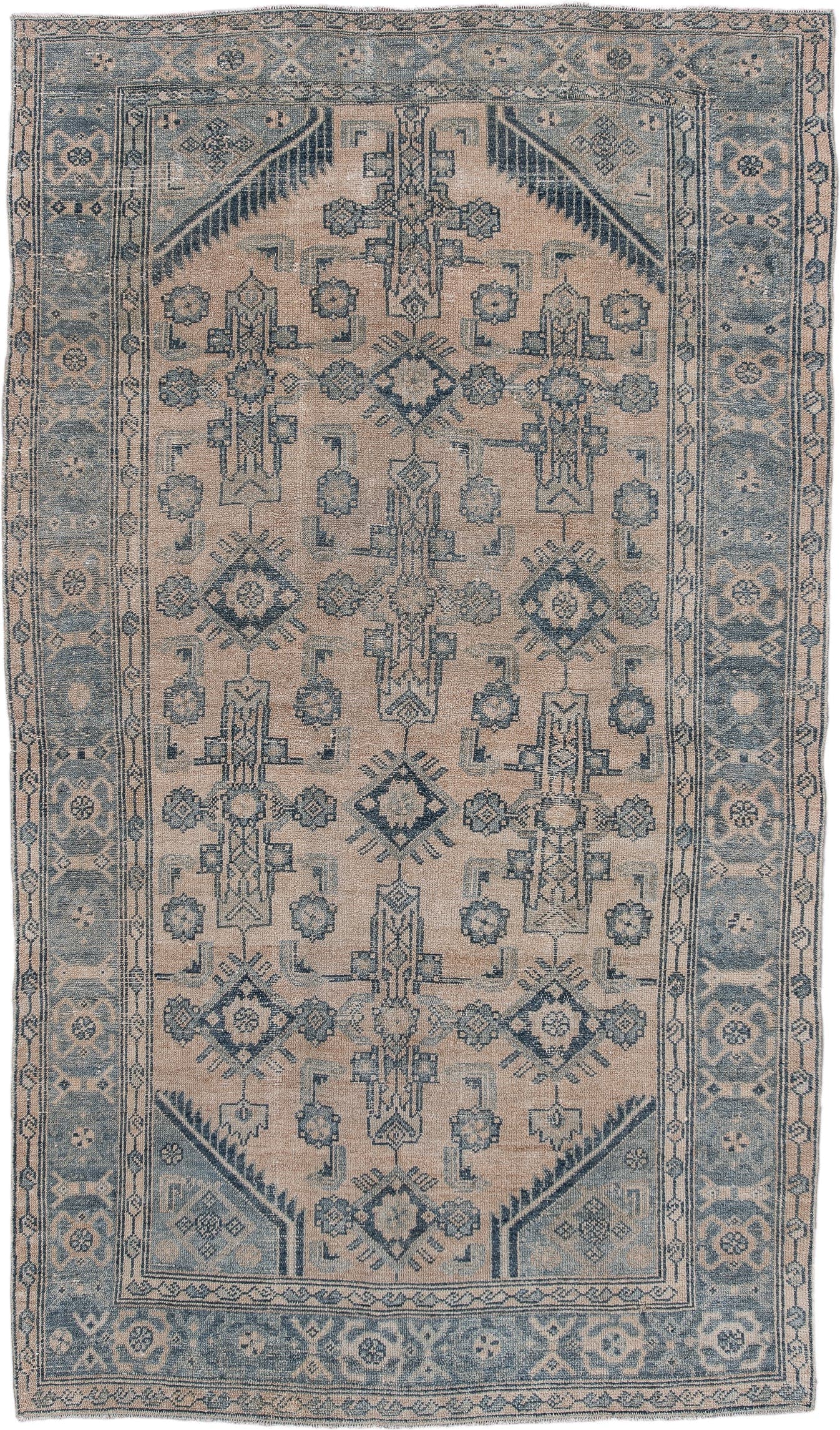 4' x 7' one-of-a-kind handmade antique Malayer rug. Color palette: ivory, slate, dusty blue, taupe, charcoal, gray, blue
