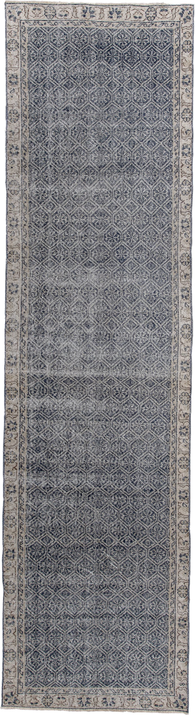 2' x 10' one-of-a-kind handmade antique Sparta runner rug. Color palette: indigo, ivory, slate, taupe, purple, gray, beige