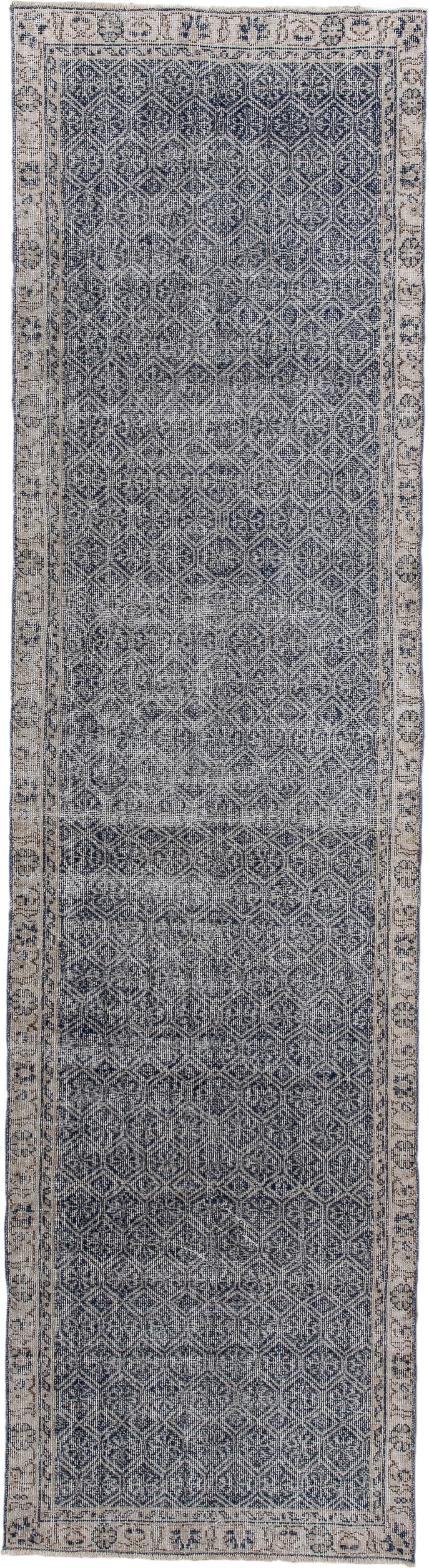 2' x 10' one-of-a-kind handmade antique Sparta runner rug. Color palette: indigo, ivory, slate, taupe, purple, gray, beige