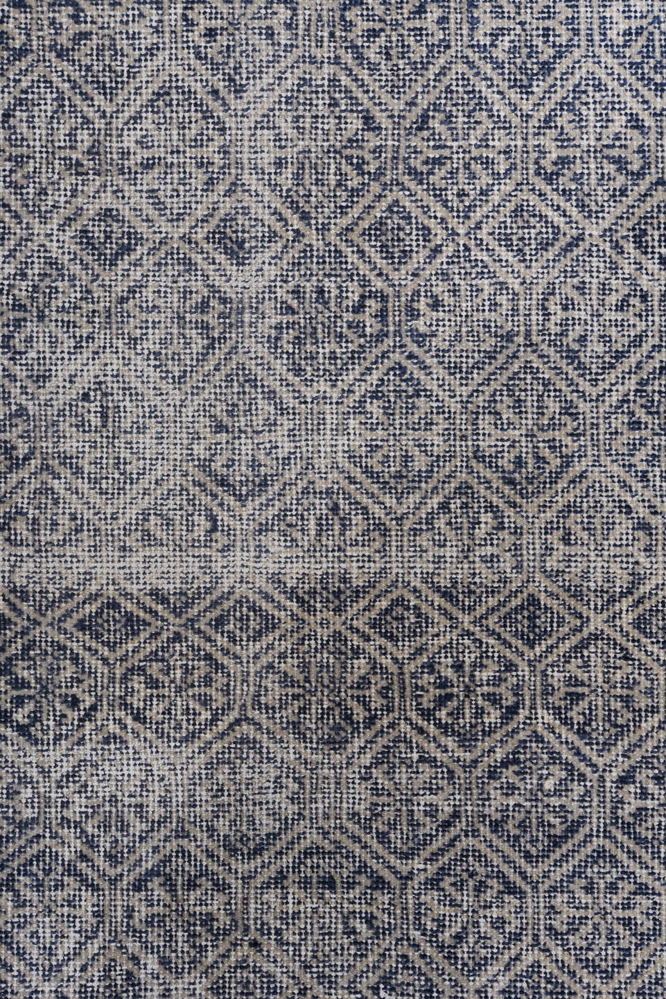 2' x 10' one-of-a-kind handmade antique Sparta runner rug. Color palette: indigo, ivory, slate, taupe, purple, gray, beige