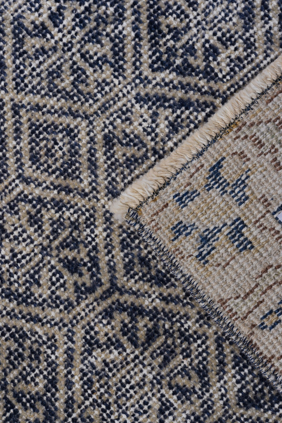 2' x 10' one-of-a-kind handmade antique Sparta runner rug. Color palette: indigo, ivory, slate, taupe, purple, gray, beige