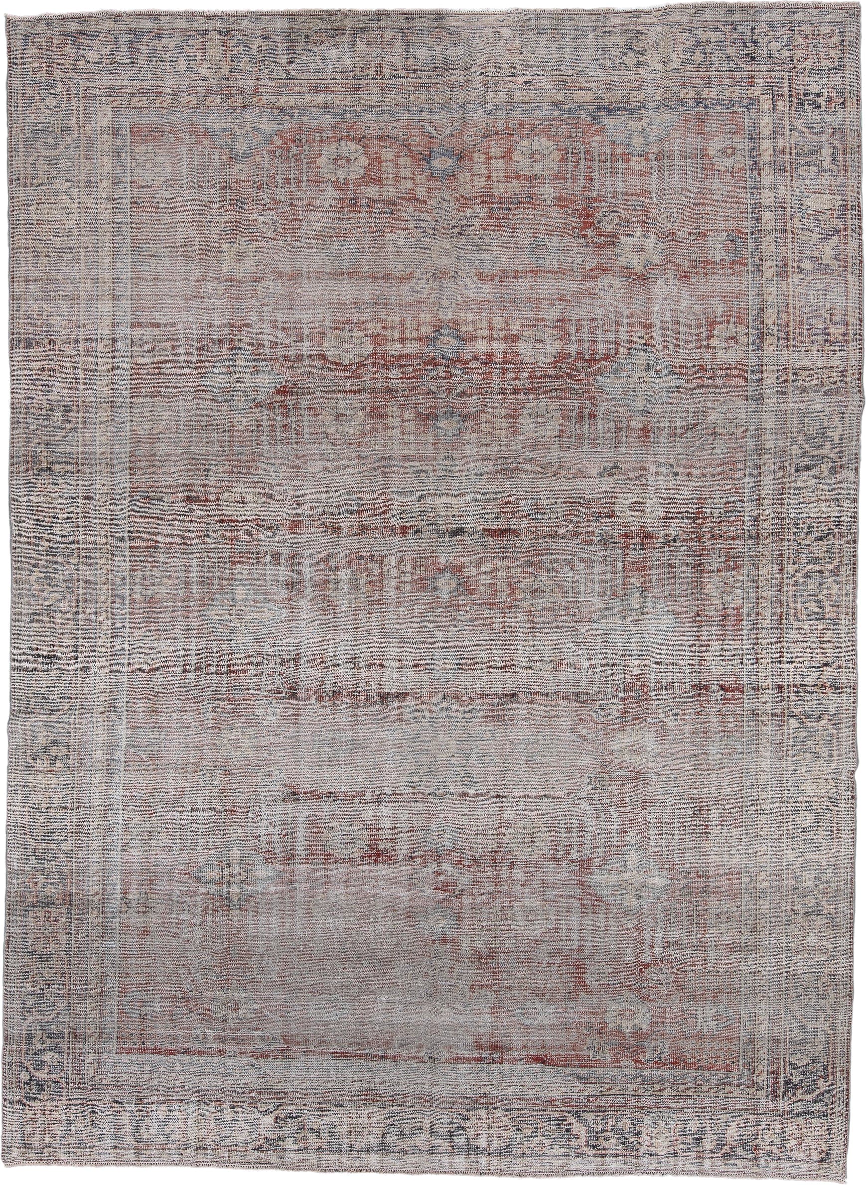 8' x 11' one-of-a-kind handmade antique Sparta large size rug. Color palette: taupe, dusty rose, slate, ivory, terra cotta