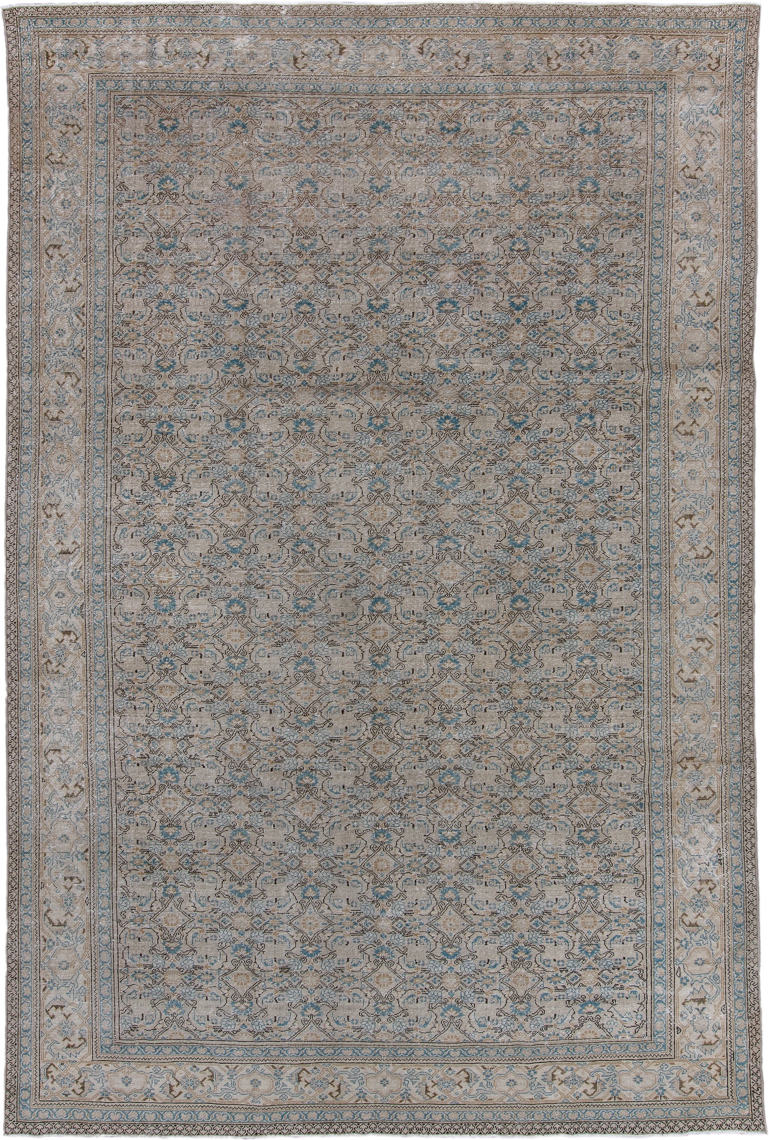 7' x 11' one-of-a-kind handmade antique Kaisary large size rug. Color palette: ivory, taupe, pale blue, camel, beige, brown