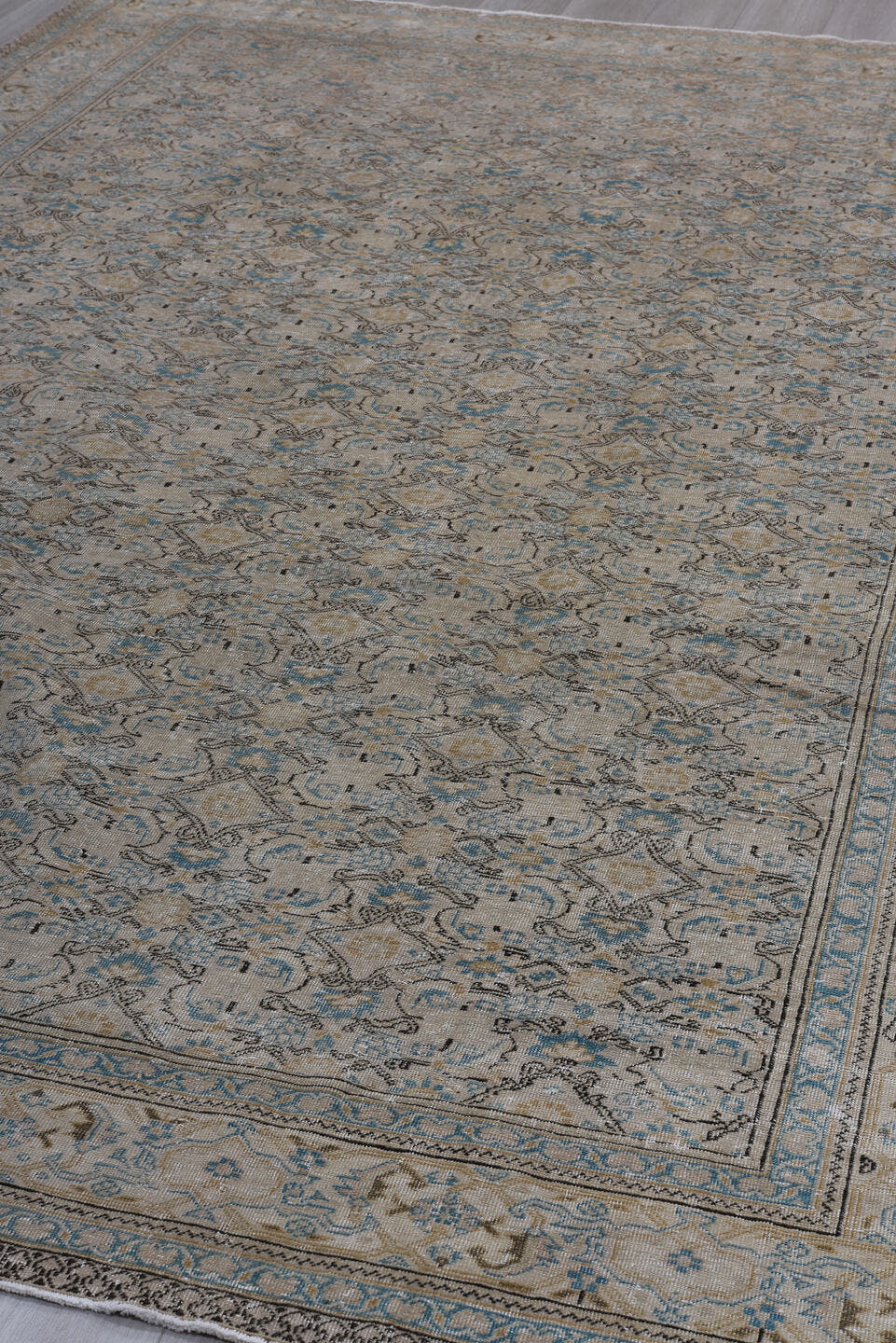 7' x 11' one-of-a-kind handmade antique Kaisary large size rug. Color palette: ivory, taupe, pale blue, camel, beige, brown