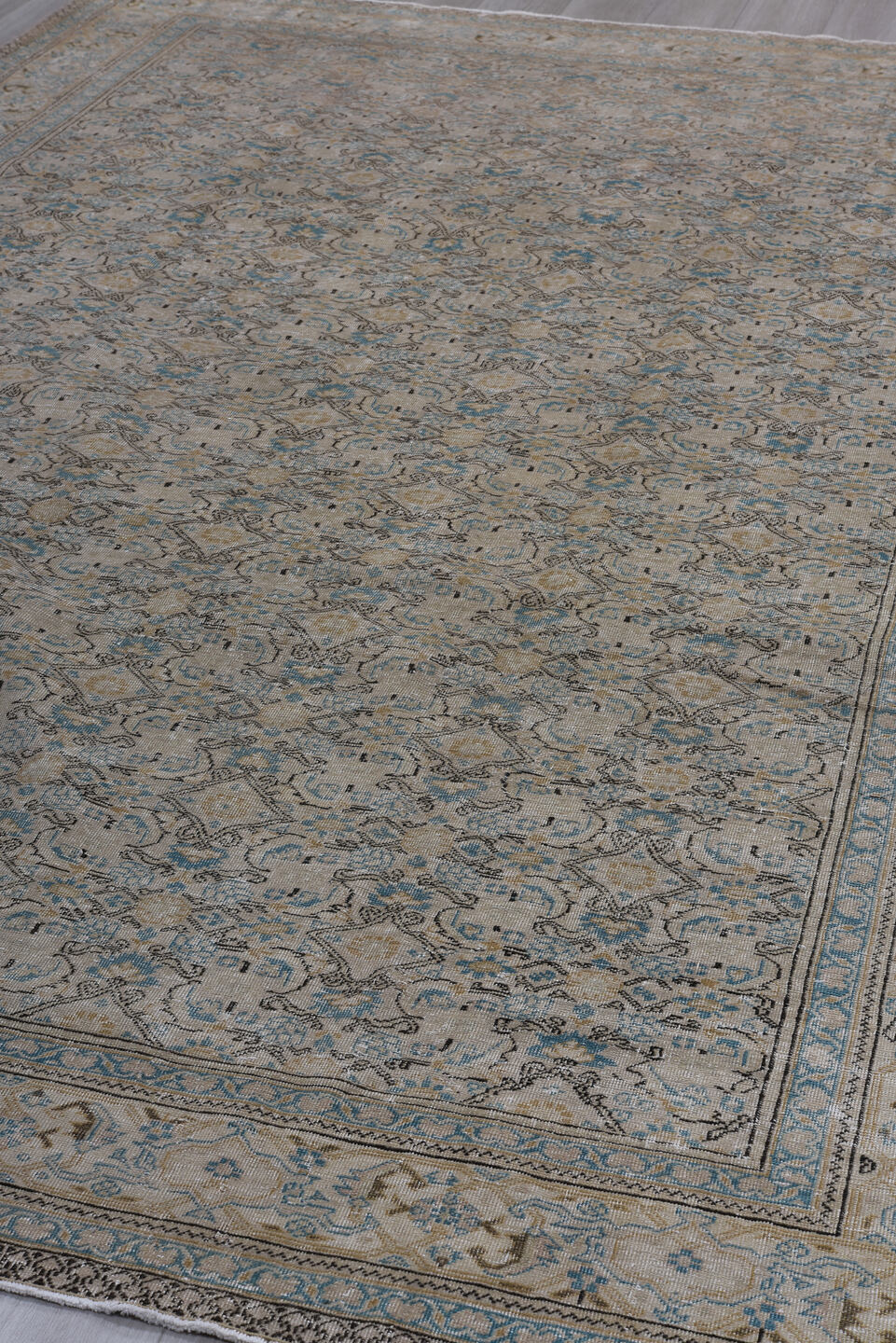 7' x 11' one-of-a-kind handmade antique Kaisary large size rug. Color palette: ivory, taupe, pale blue, camel, beige, brown