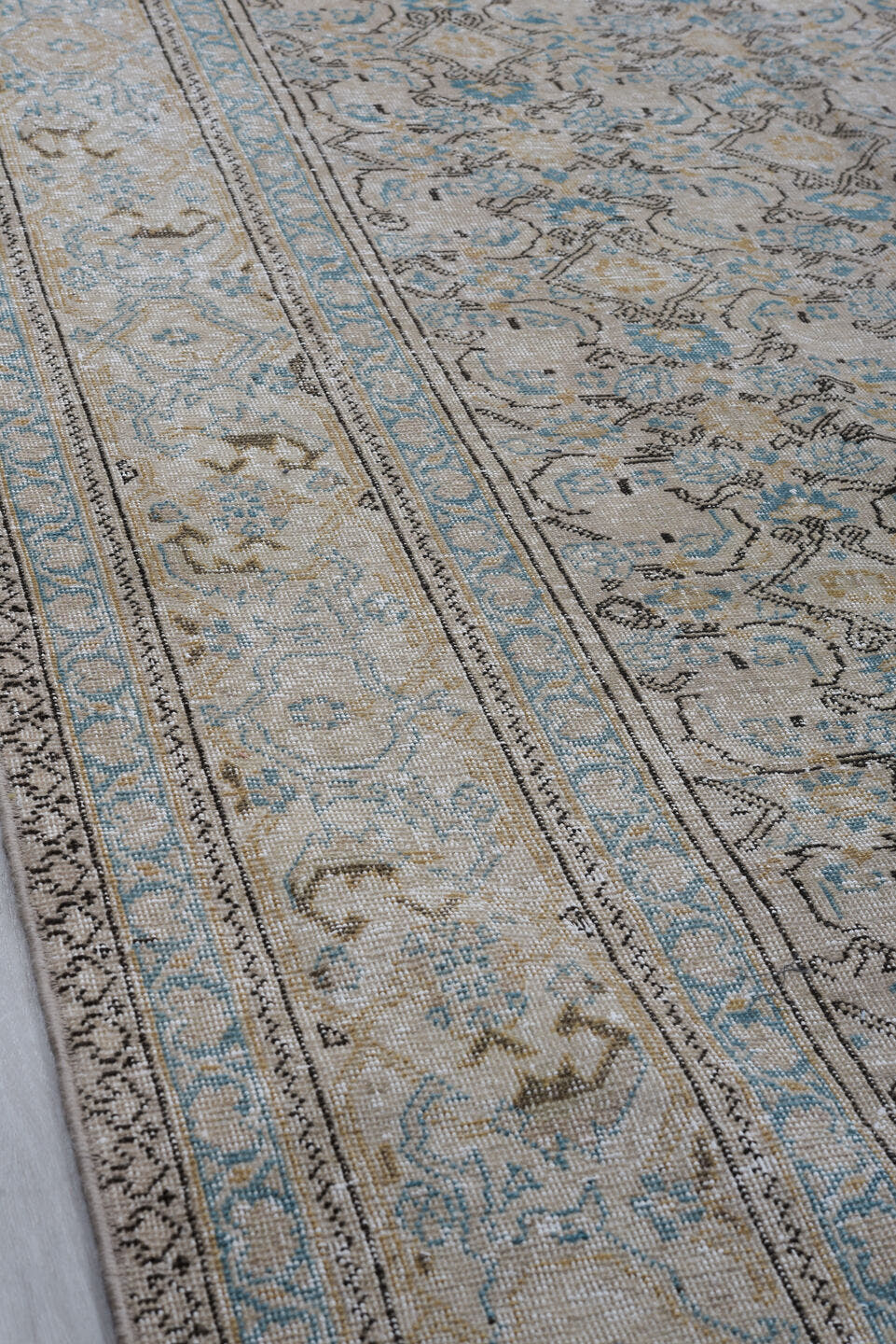 7' x 11' one-of-a-kind handmade antique Kaisary large size rug. Color palette: ivory, taupe, pale blue, camel, beige, brown