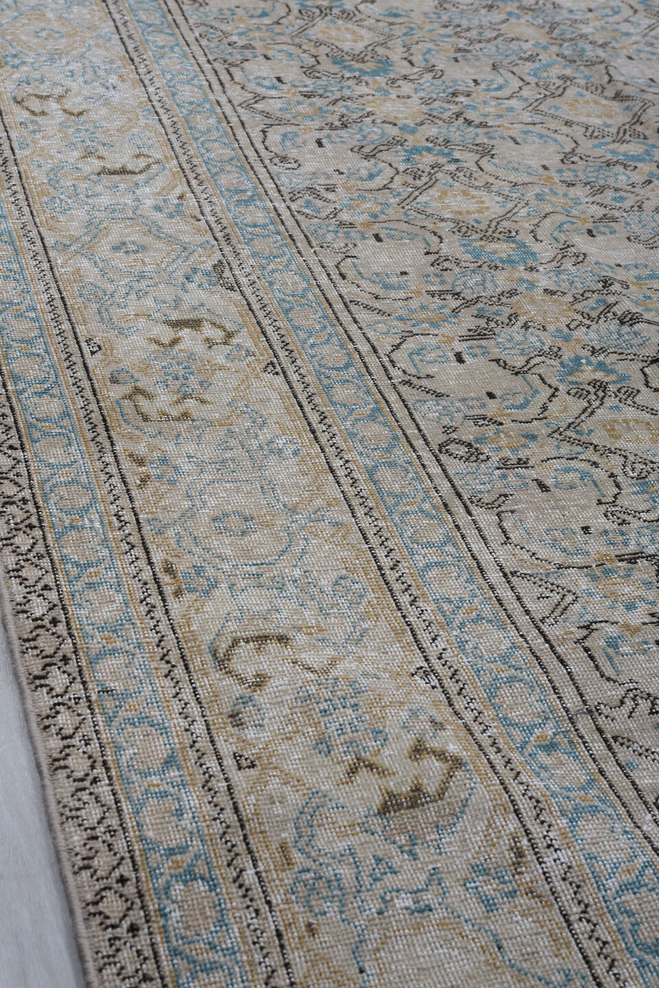 7' x 11' one-of-a-kind handmade antique Kaisary large size rug. Color palette: ivory, taupe, pale blue, camel, beige, brown