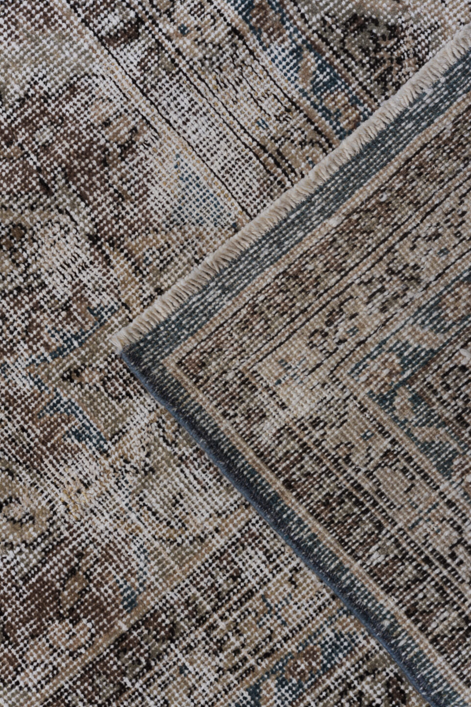 9' x 13' one-of-a-kind handmade vintage Sparta large size rug. Color palette: black, blue, brown, dark gray, gainsboro, gray