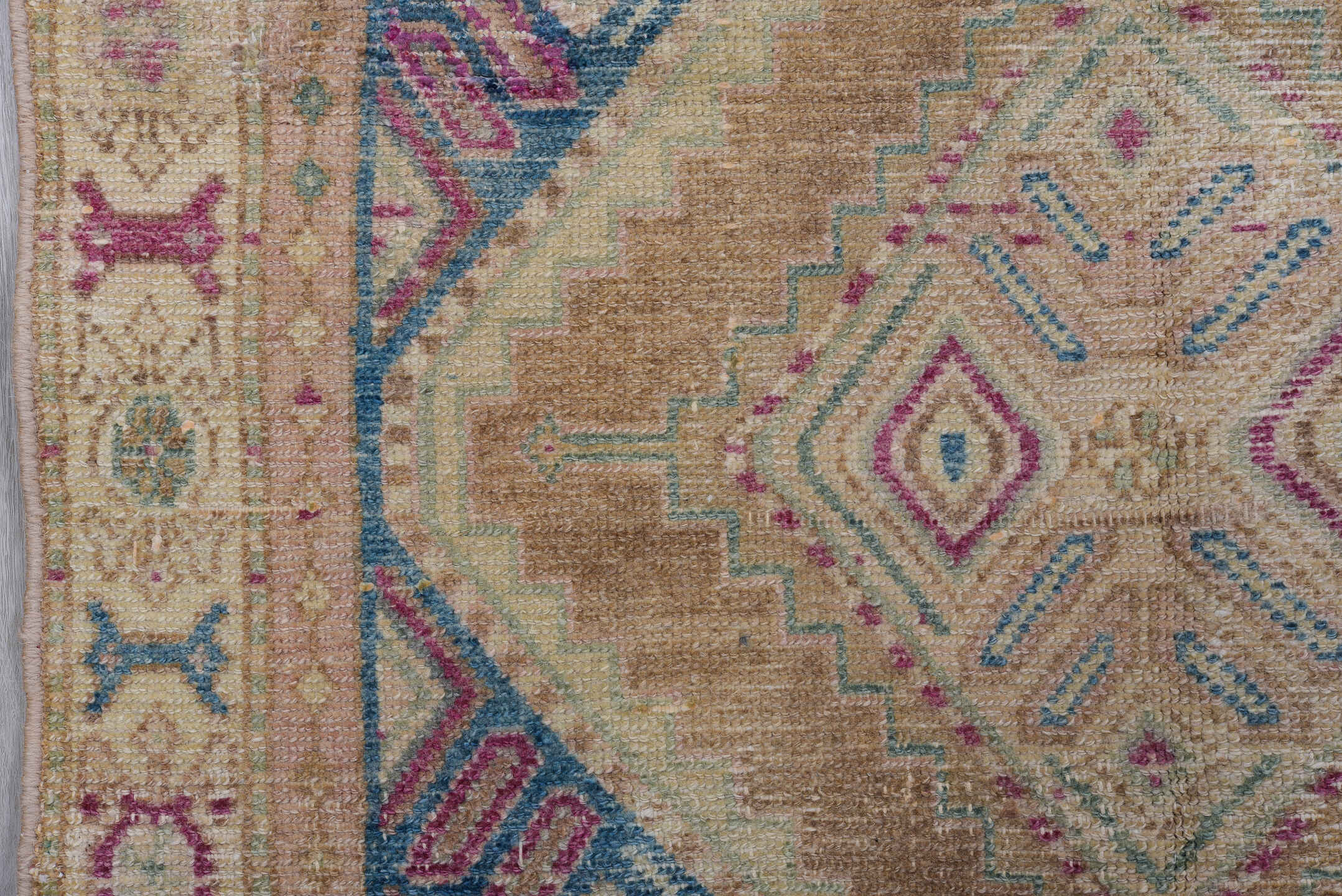 3' x 10' one-of-a-kind handmade vintage Malayer runner rug. Color palette: blue, brown, gray, light gray, off-white, pink