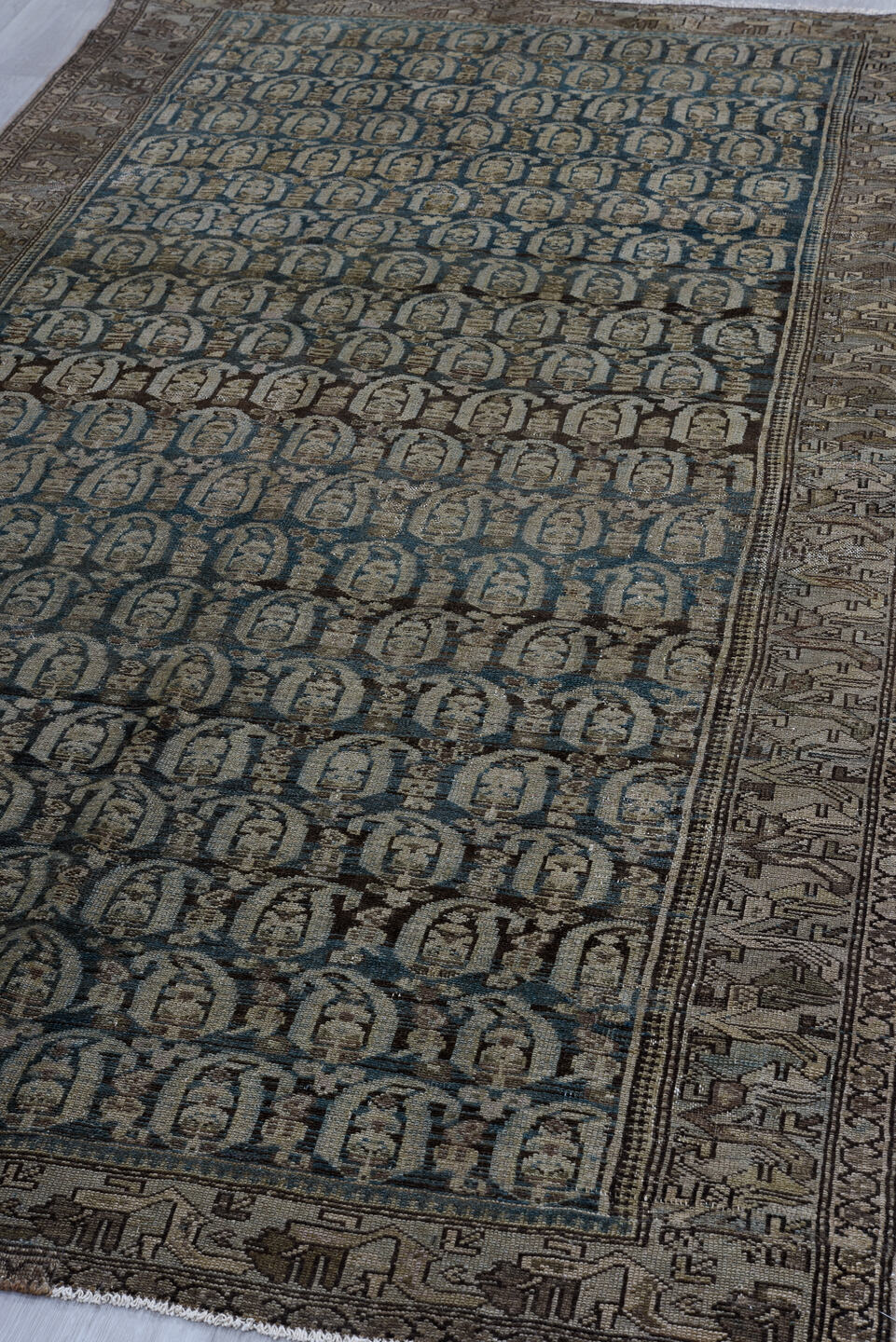 4' x 9' one-of-a-kind handmade vintage Malayer rug. Color palette: black, blue, brown, gainsboro, gray, light gray