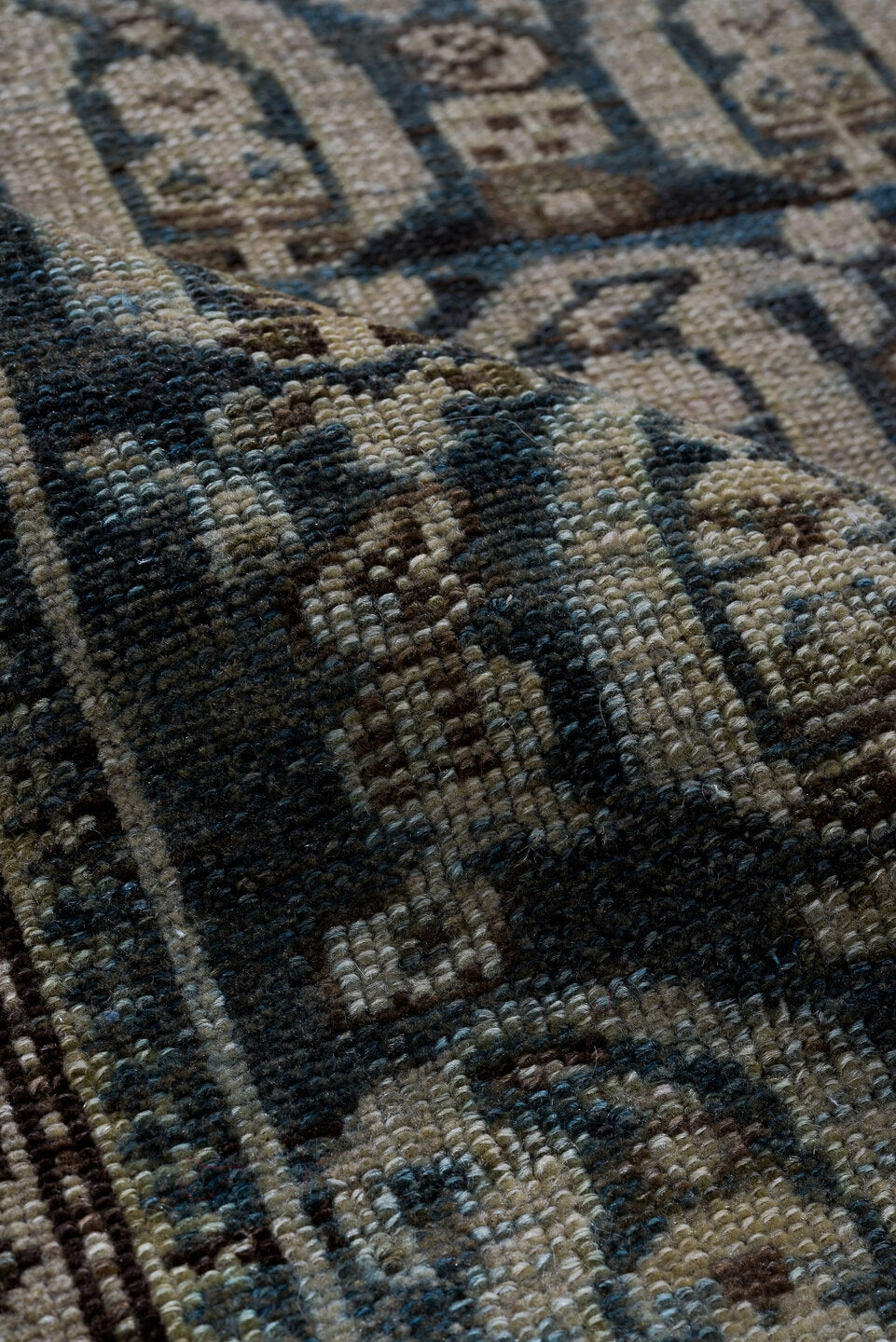 4' x 9' one-of-a-kind handmade vintage Malayer rug. Color palette: black, blue, brown, gainsboro, gray, light gray
