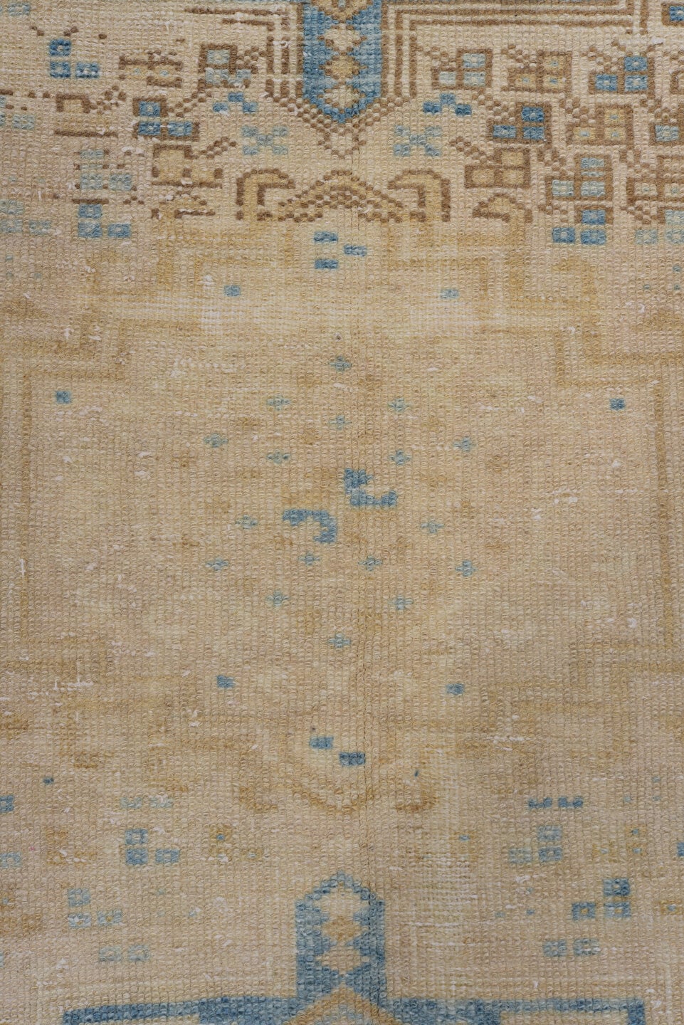 3' x 10' one-of-a-kind handmade antique Heriz runner rug. Color palette: ivory, sky blue, beige, taupe, camel, light blue