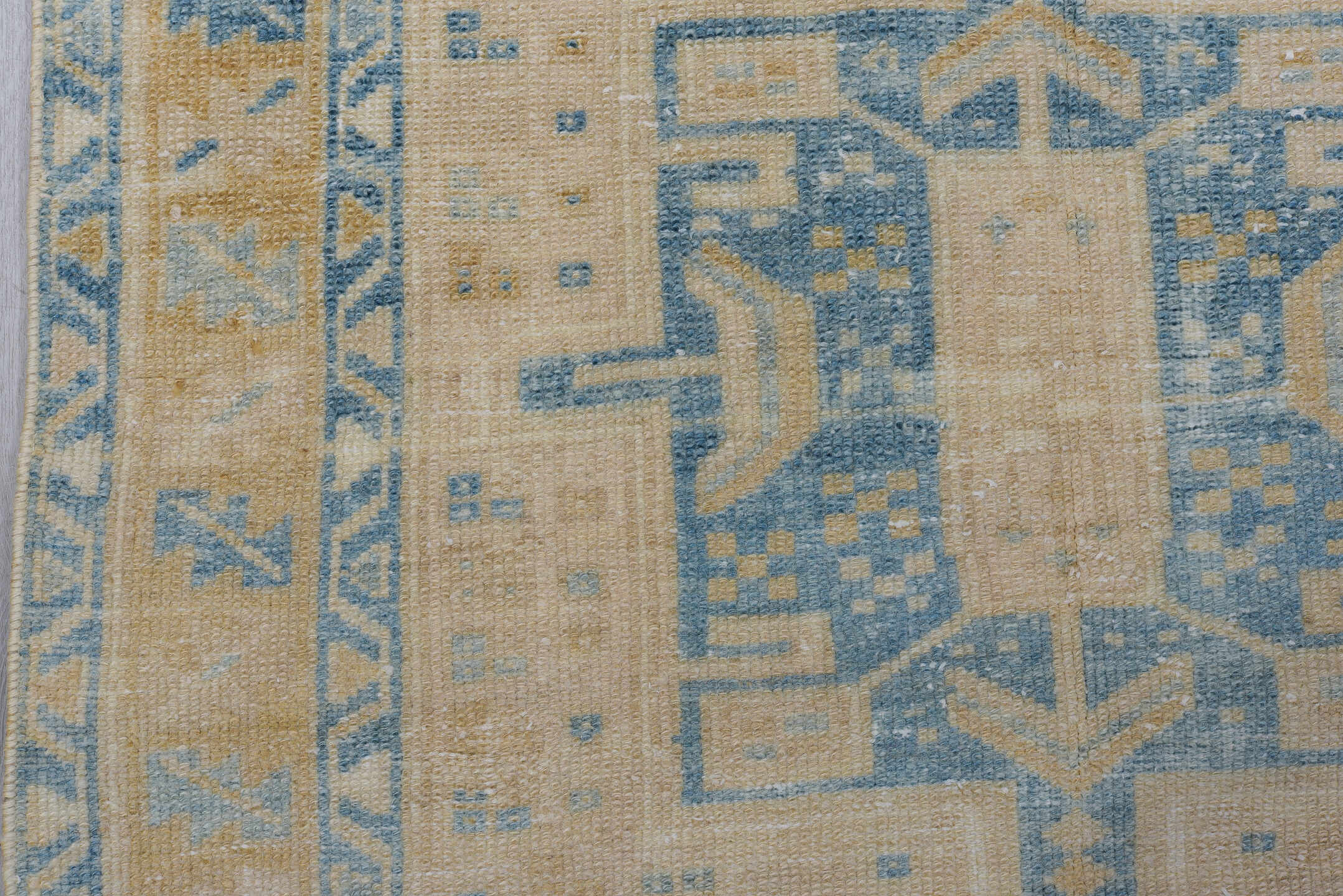 3' x 10' one-of-a-kind handmade antique Heriz runner rug. Color palette: ivory, sky blue, beige, taupe, camel, light blue