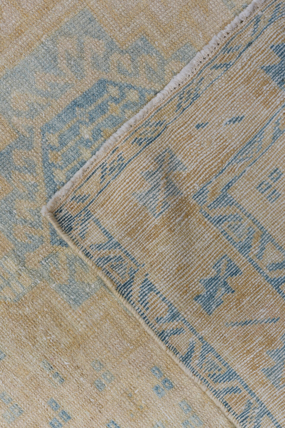 3' x 10' one-of-a-kind handmade antique Heriz runner rug. Color palette: ivory, sky blue, beige, taupe, camel, light blue