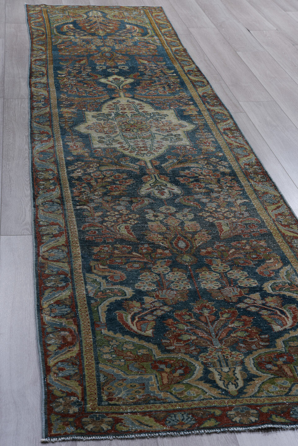 3' x 12' one-of-a-kind handmade vintage Hamadan runner rug. Color palette: black, blue, brown, charcoal, dim gray, gray
