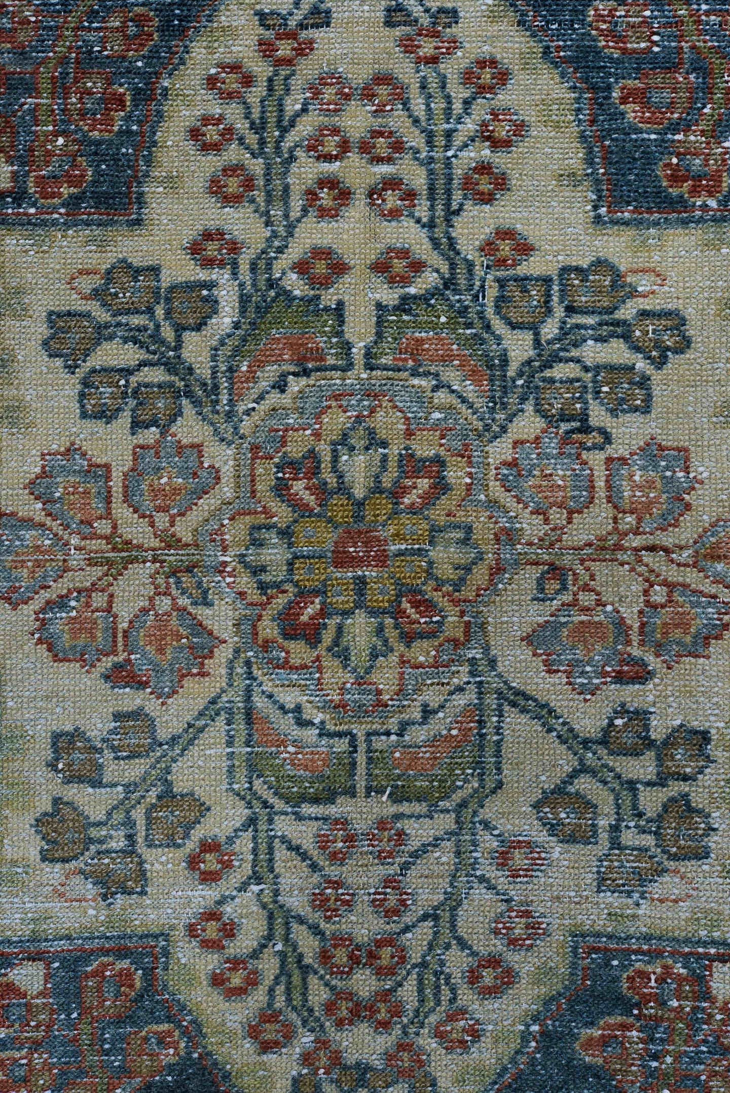 3' x 12' one-of-a-kind handmade antique Hamadan runner rug. Color palette: navy, ivory, rust, sky_blue, camel, sage