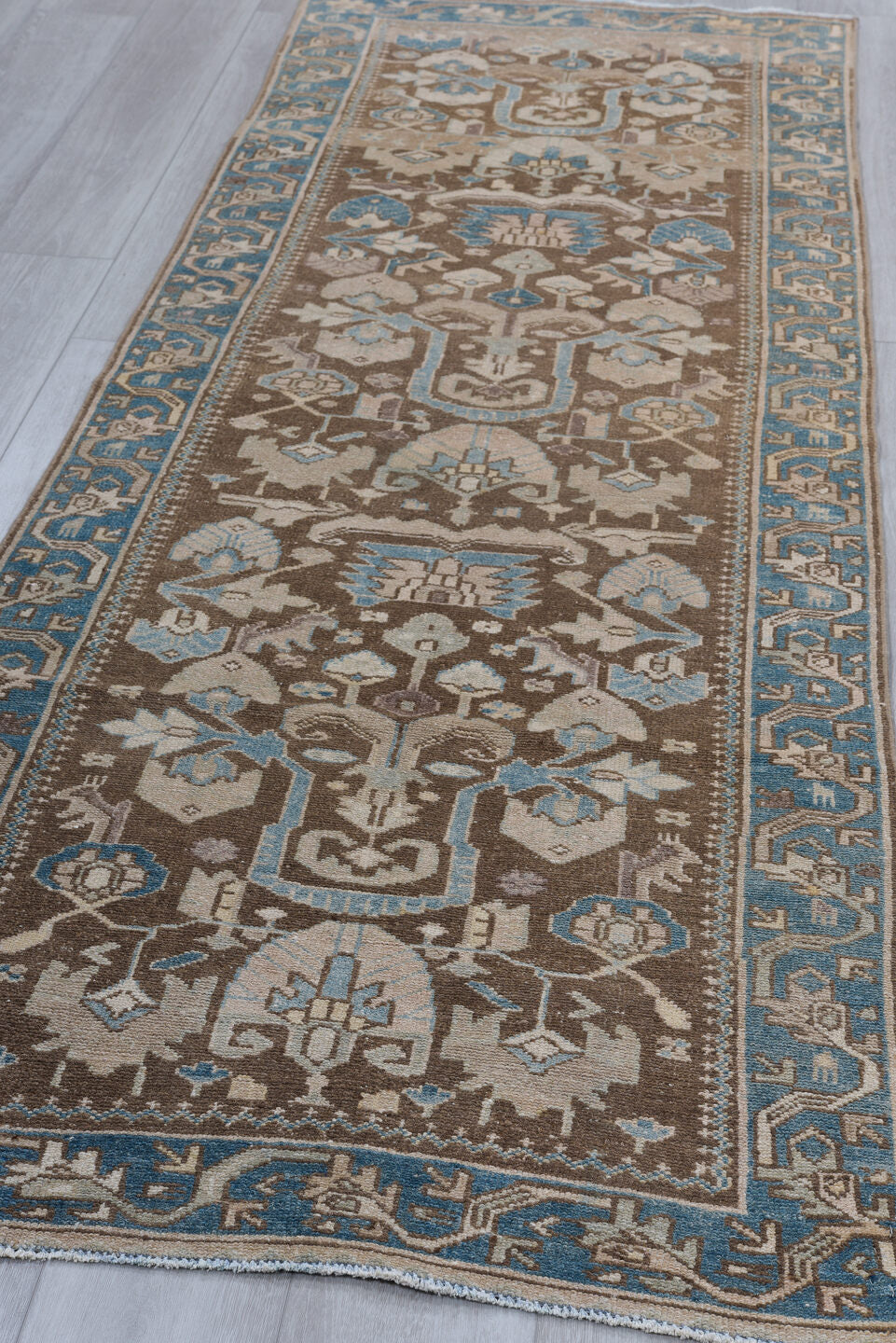 3' x 9' one-of-a-kind handmade vintage Hamadan runner rug. Color palette: blue, brown, gray, light gray, off-white