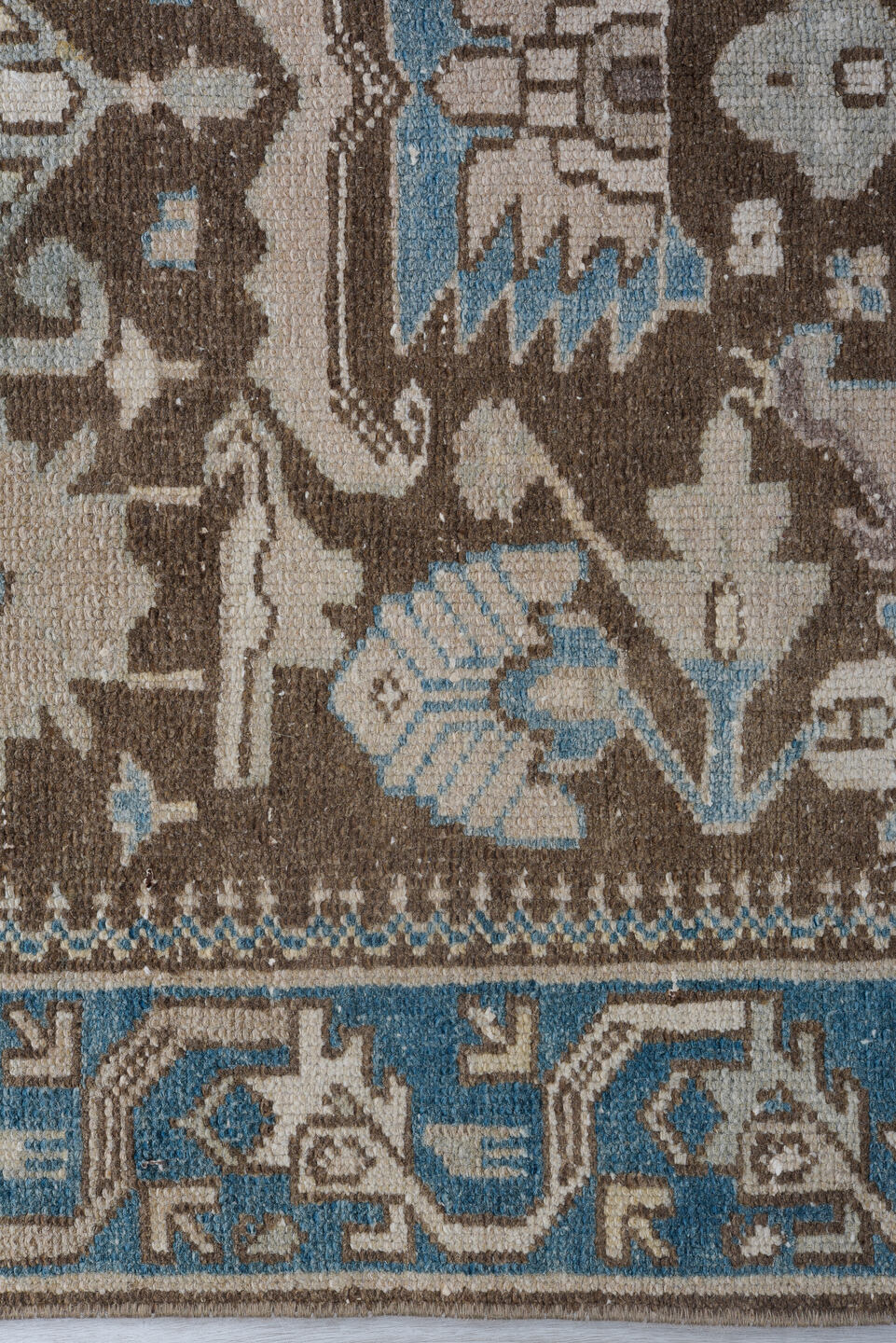 3' x 9' one-of-a-kind handmade vintage Hamadan runner rug. Color palette: blue, brown, gray, light gray, off-white