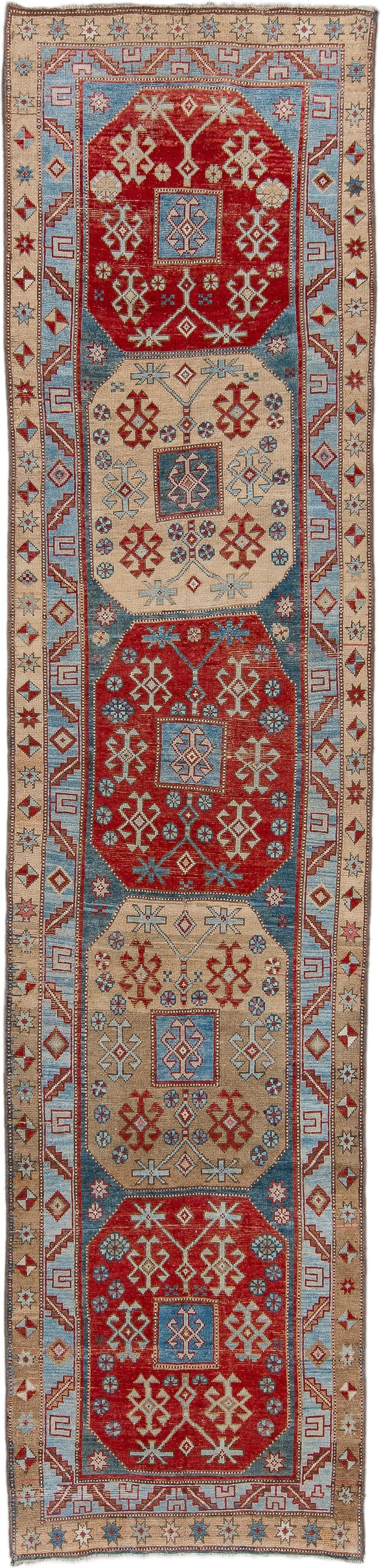 3' x 13' one-of-a-kind handmade antique Caucasian runner rug. Color palette: red, ivory, sky blue, camel, rust, navy