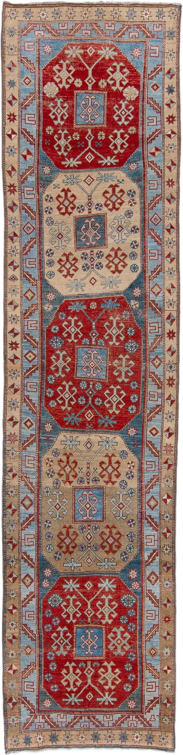 3' x 13' one-of-a-kind handmade antique Caucasian runner rug. Color palette: red, ivory, sky blue, camel, rust, navy