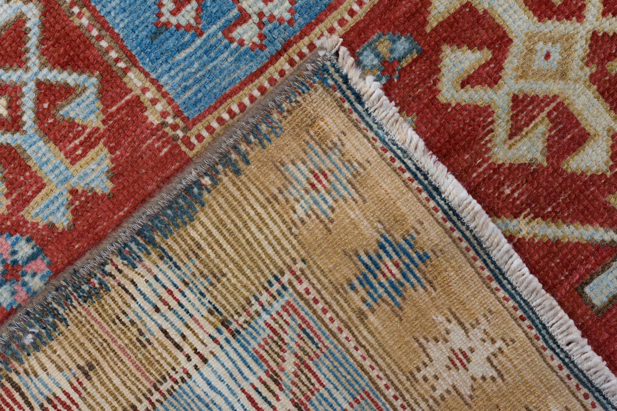 3' x 13' one-of-a-kind handmade antique Caucasian runner rug. Color palette: red, ivory, sky blue, camel, rust, navy