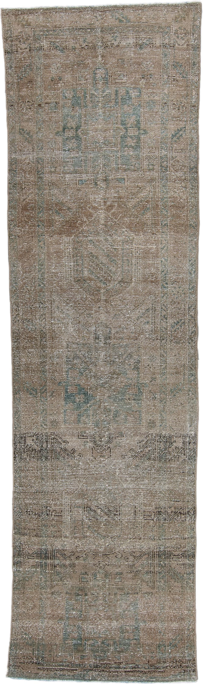 3' x 10' one-of-a-kind handmade antique Heriz runner rug. Color palette: taupe, camel, beige, pale_blue, ivory, brown, gray