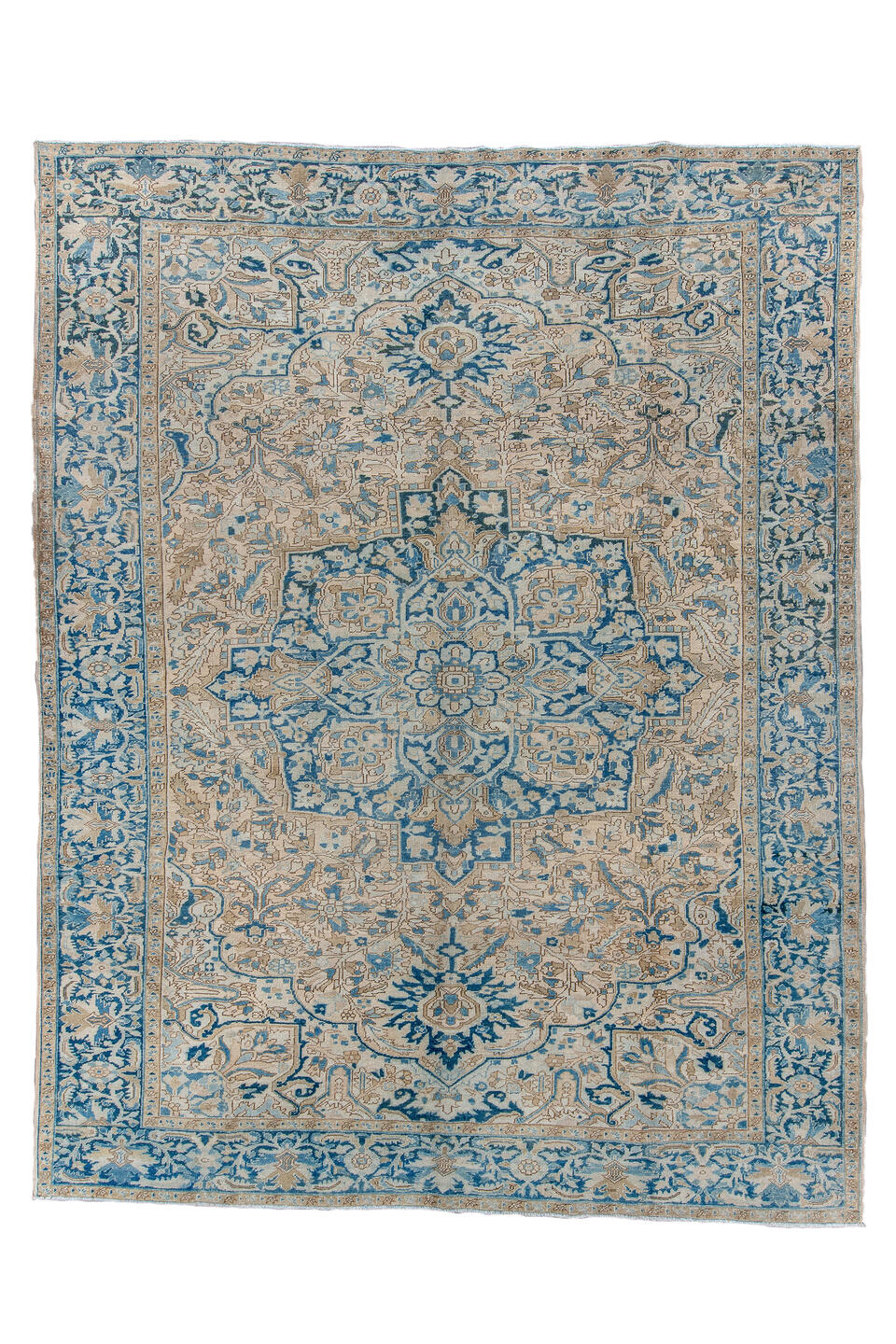 9' x 12' one-of-a-kind handmade antique Heriz large size rug. Color palette: ivory, sky blue, beige, camel, slate, taupe