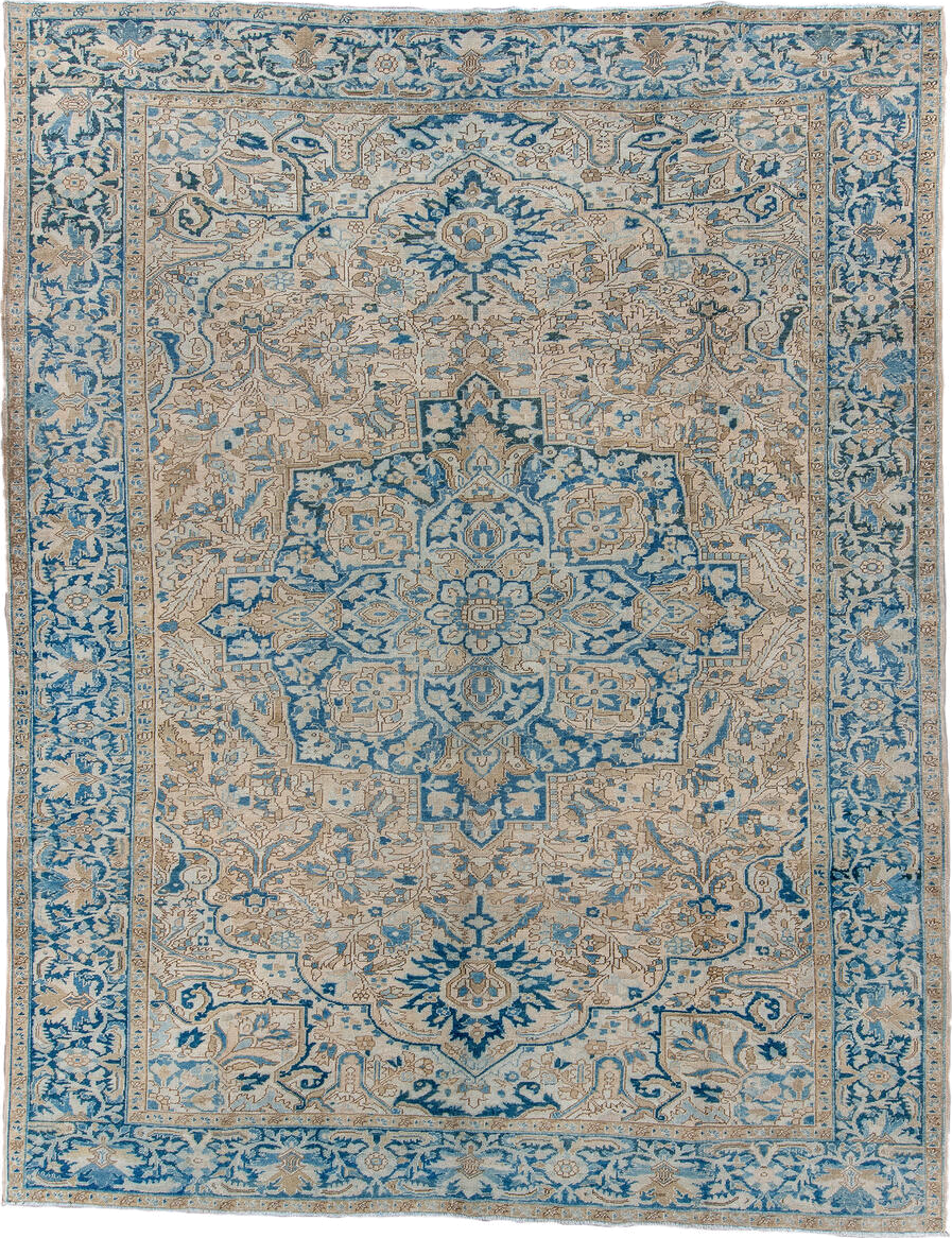 9' x 12' one-of-a-kind handmade antique Heriz large size rug. Color palette: ivory, sky blue, beige, camel, slate, taupe