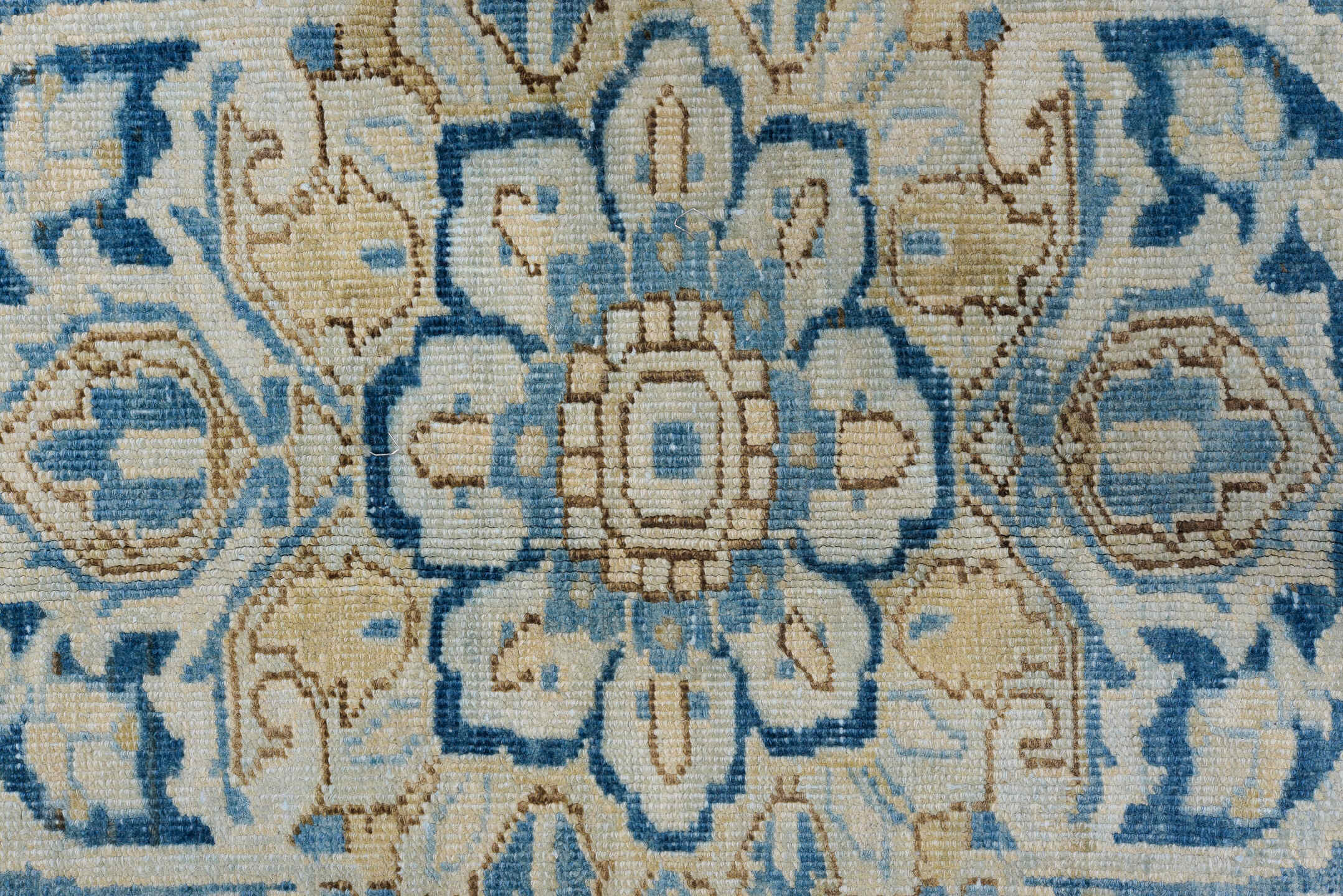 9' x 12' one-of-a-kind handmade antique Heriz large size rug. Color palette: ivory, sky blue, beige, camel, slate, taupe