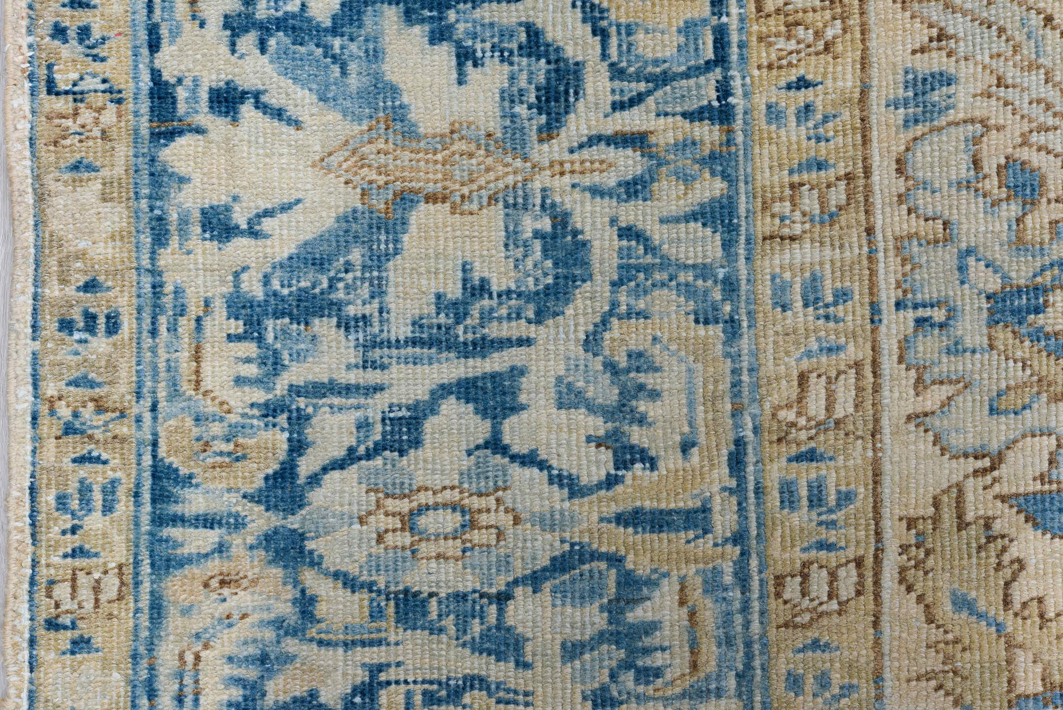 9' x 12' one-of-a-kind handmade antique Heriz large size rug. Color palette: ivory, sky blue, beige, camel, slate, taupe