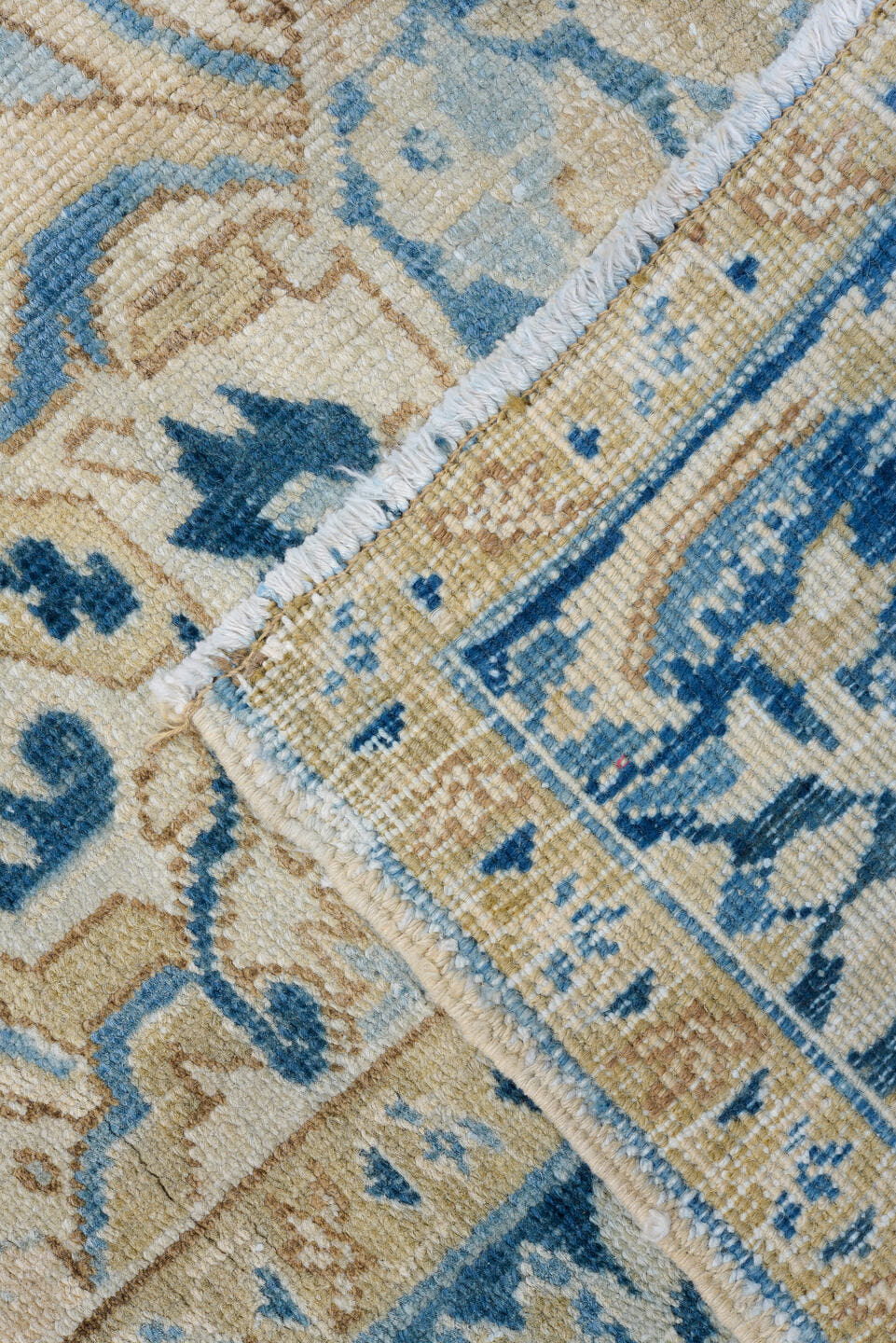 9' x 12' one-of-a-kind handmade antique Heriz large size rug. Color palette: ivory, sky blue, beige, camel, slate, taupe