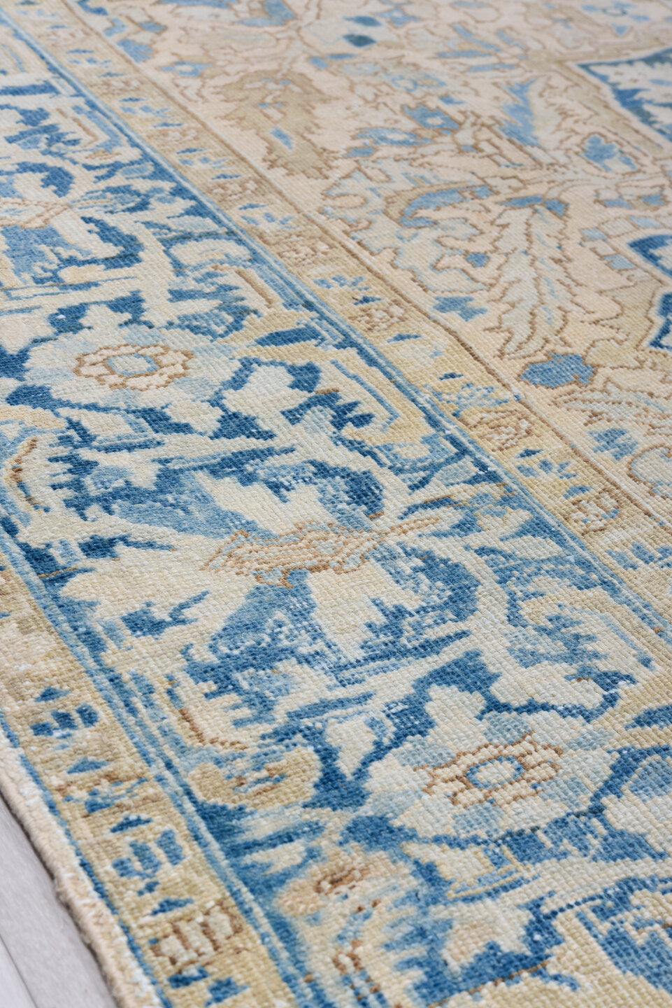 9' x 12' one-of-a-kind handmade antique Heriz large size rug. Color palette: ivory, sky blue, beige, camel, slate, taupe