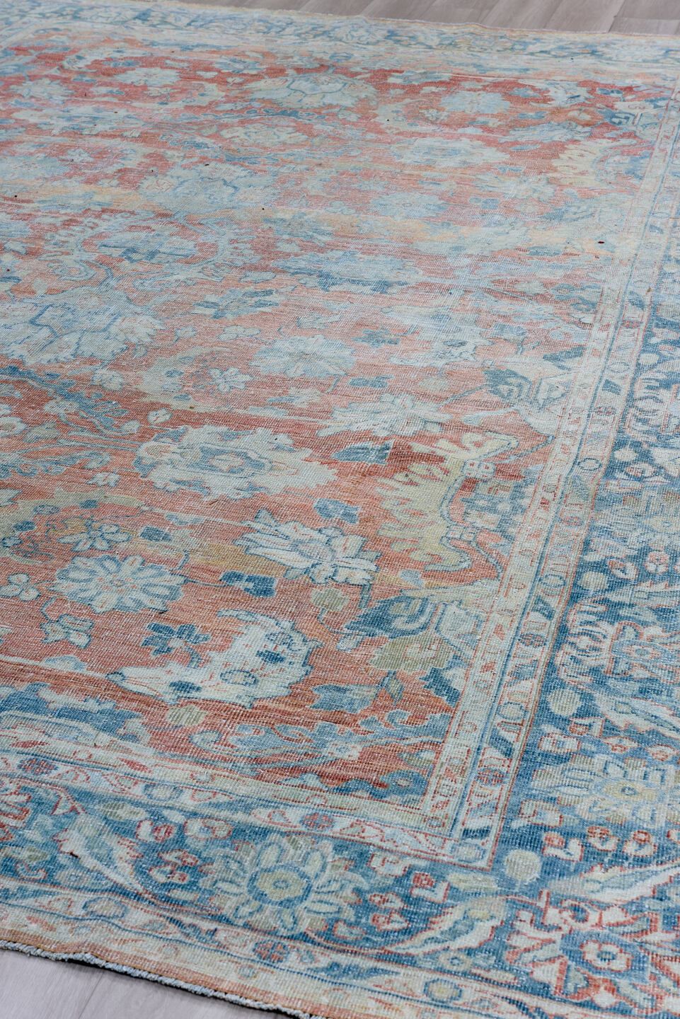 8' x 12' one-of-a-kind handmade antique Mahal large size rug. Color palette: terra cotta, pale blue, ivory, sky blue