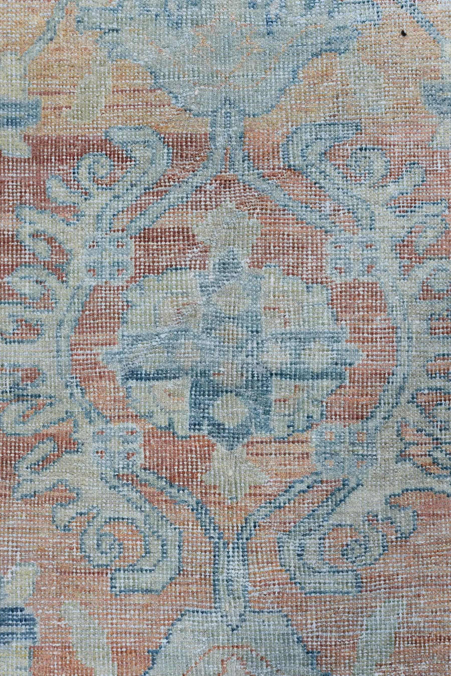 8' x 12' one-of-a-kind handmade antique Mahal large size rug. Color palette: terra cotta, pale blue, ivory, sky blue