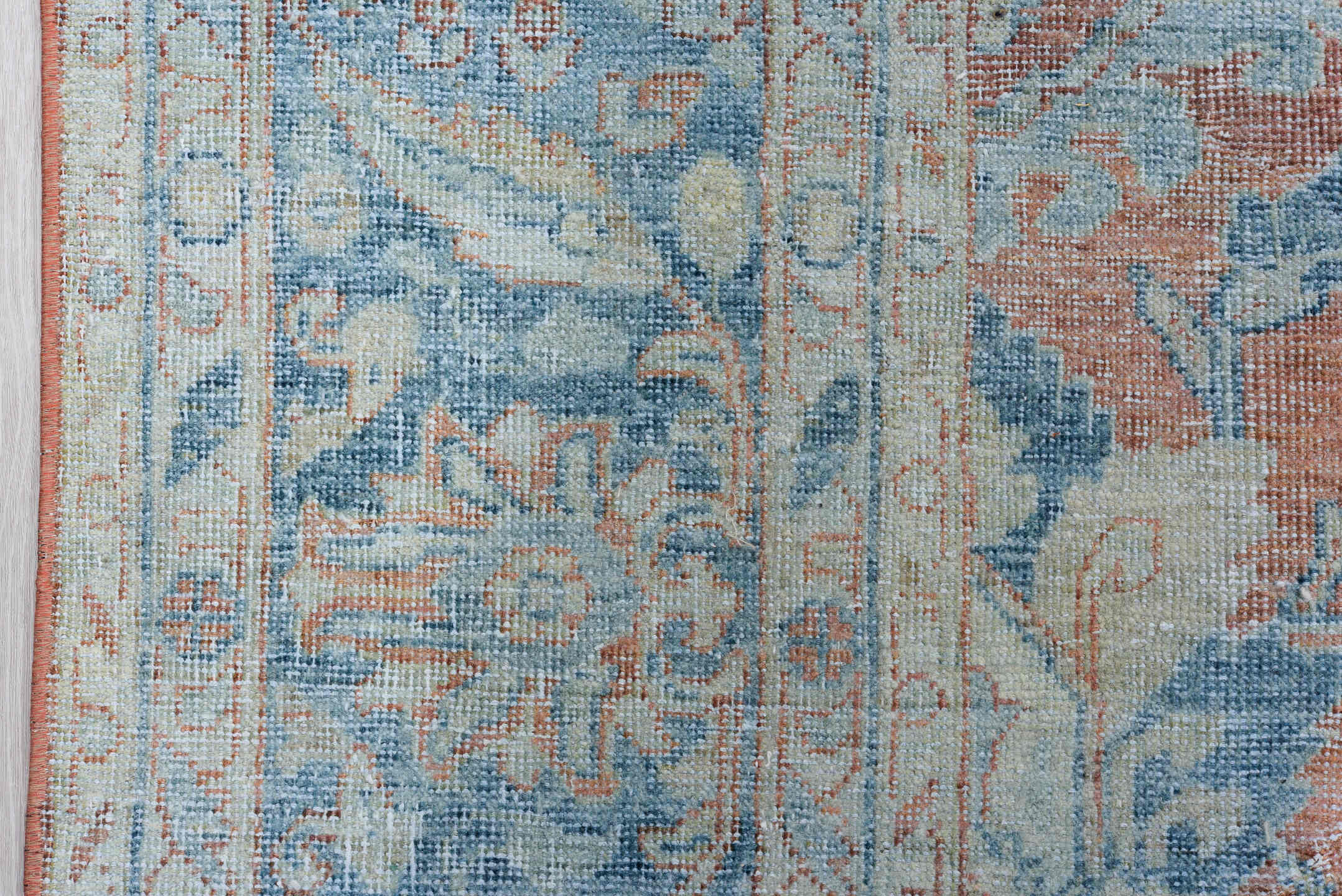 8' x 12' one-of-a-kind handmade antique Mahal large size rug. Color palette: terra cotta, pale blue, ivory, sky blue