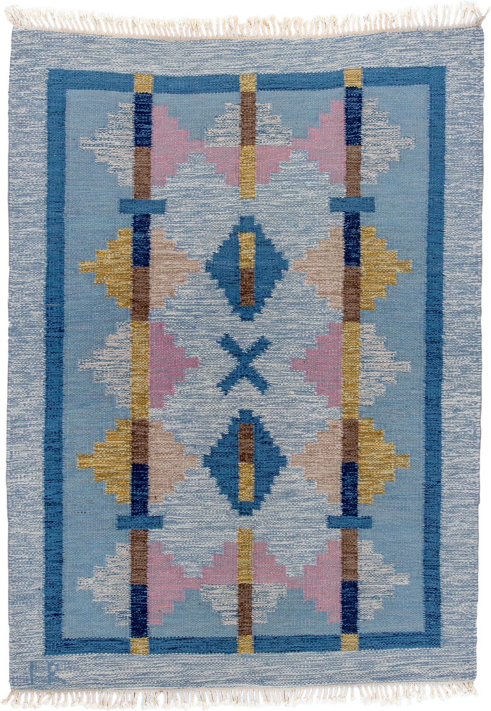 4' x 6' one-of-a-kind handmade vintage Rollaken small size rug. Color palette: light blue, ivory, blue, navy, pink, gold