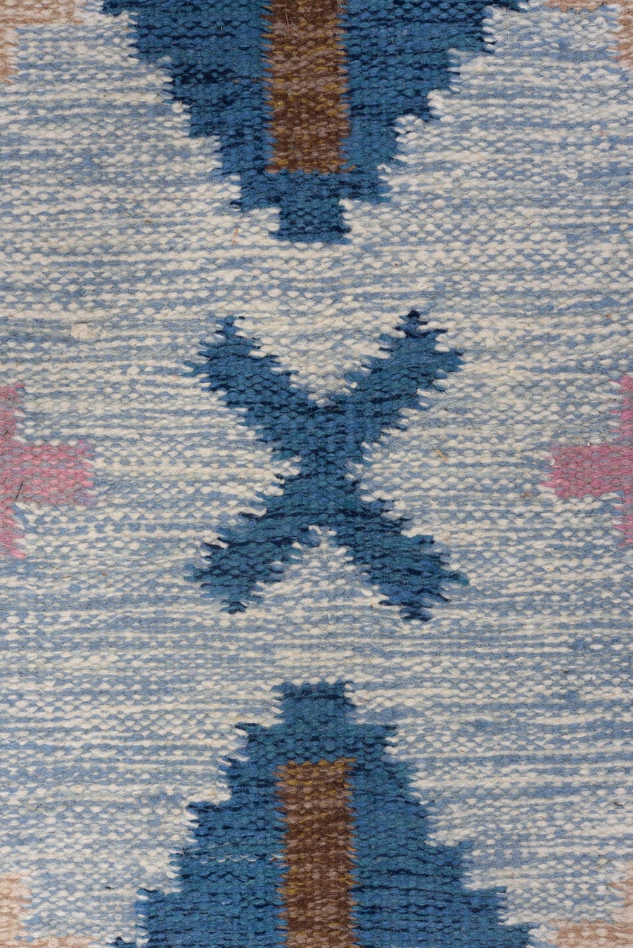 4' x 6' one-of-a-kind handmade vintage Rollaken small size rug. Color palette: light blue, ivory, blue, navy, pink, gold