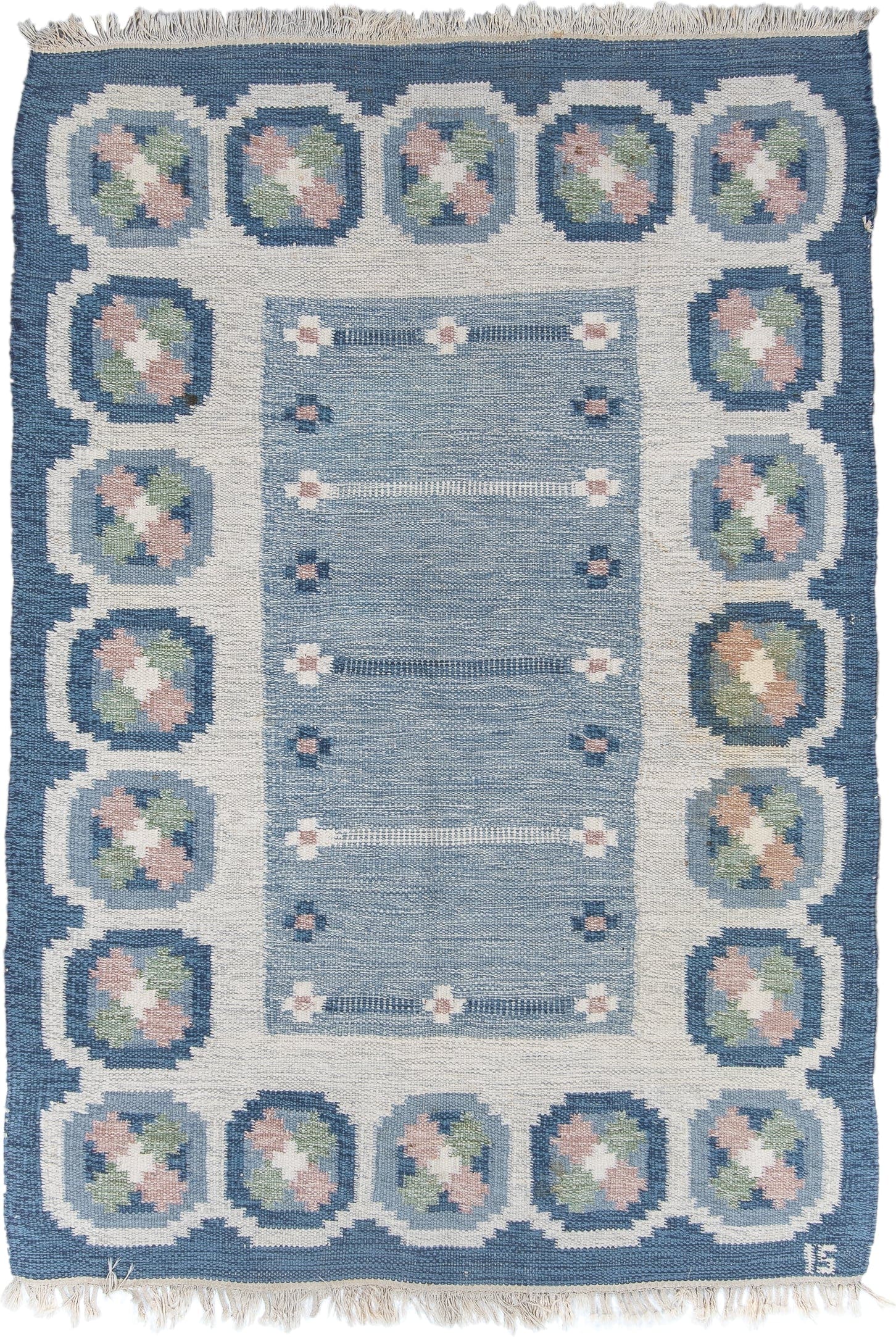 4' x 6' one-of-a-kind handmade vintage Rollaken small size rug. Color palette: blue, ivory, light blue, blush, sage, pink