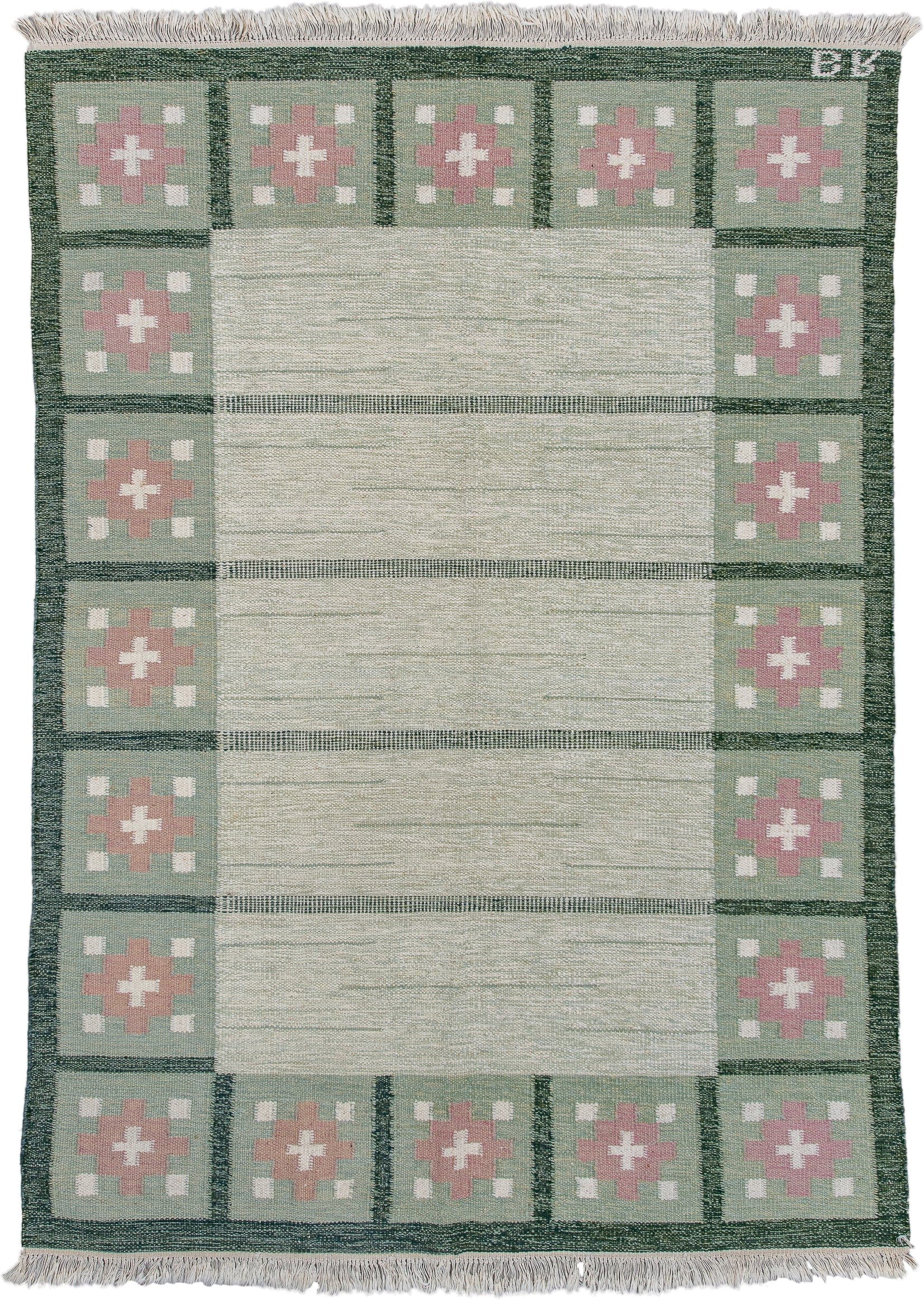 5' x 8' one-of-a-kind handmade antique Rollaken medium size rug. Color palette: ivory, sage, green, rose, cream, pink, red