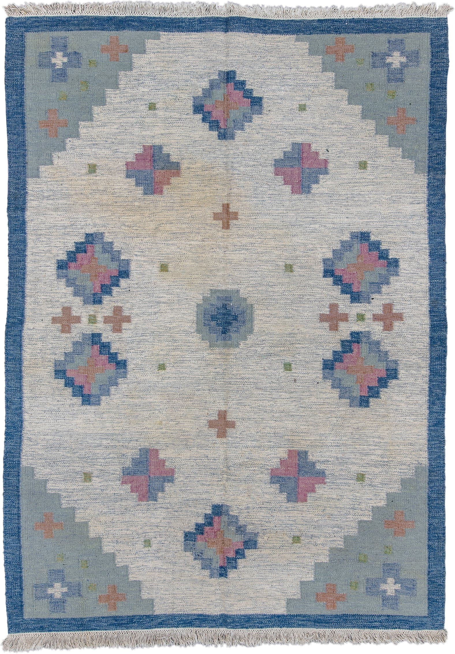 6' x 9' one-of-a-kind handmade antique Rollaken medium size rug. Color palette: ivory, blue, powder_blue, blush, peach, sage