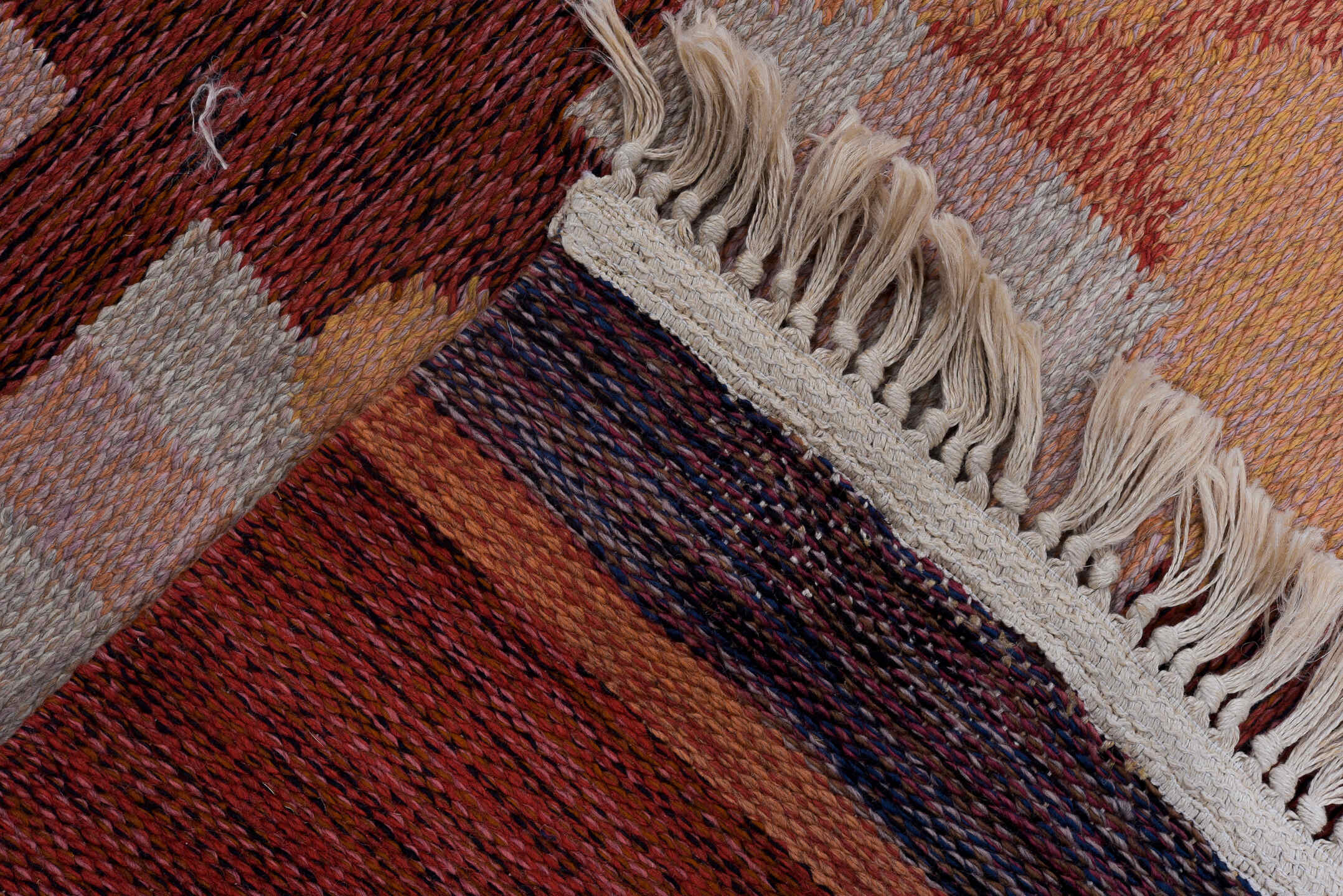 5' x 8' one-of-a-kind handmade vintage Rollaken medium size rug. Color palette: black, blue, brown, gray, indian red