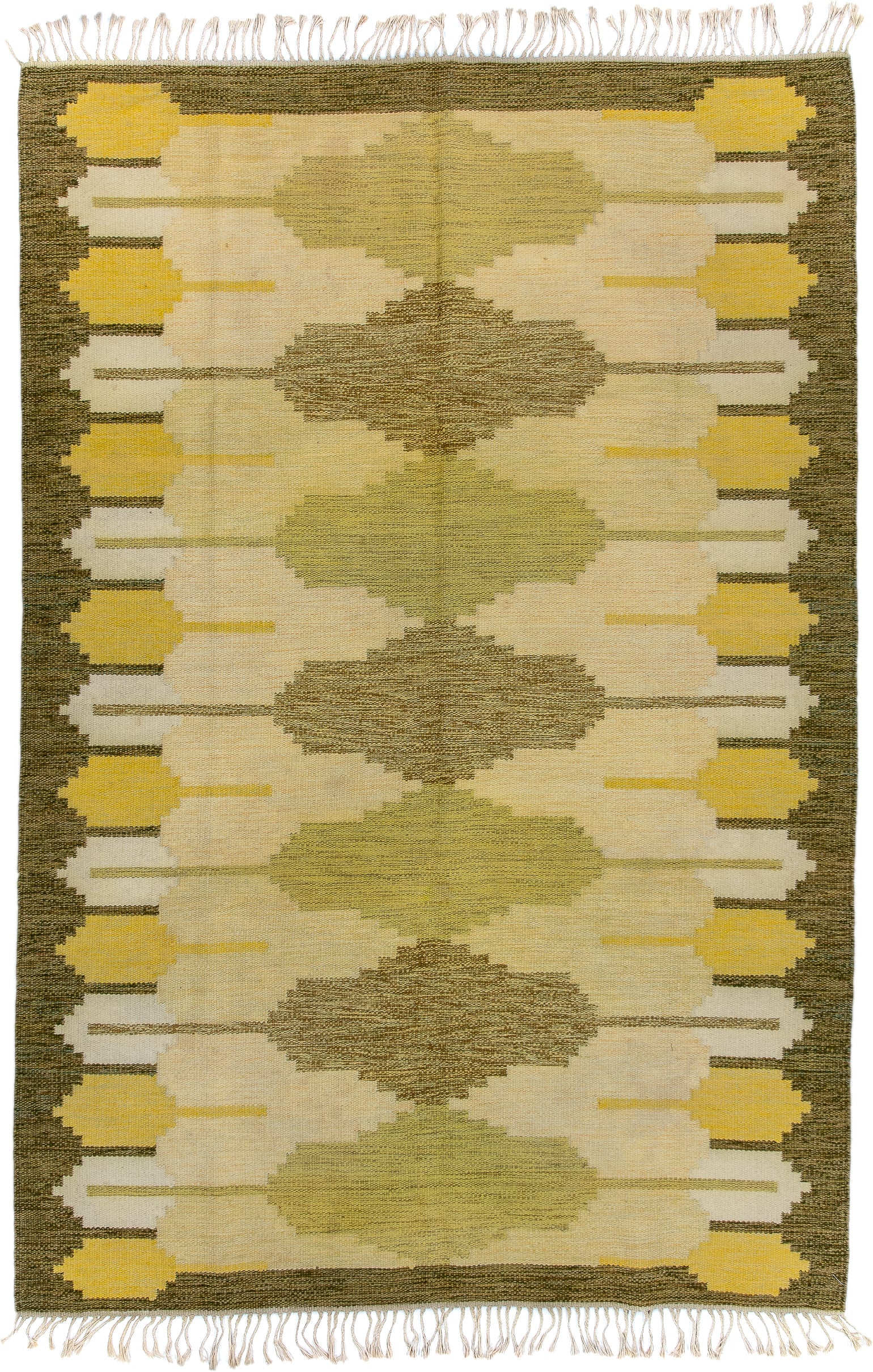 5' x 8' one-of-a-kind handmade antique Rollaken medium size rug. Color palette: olive, ivory, yellow, taupe, cream, green